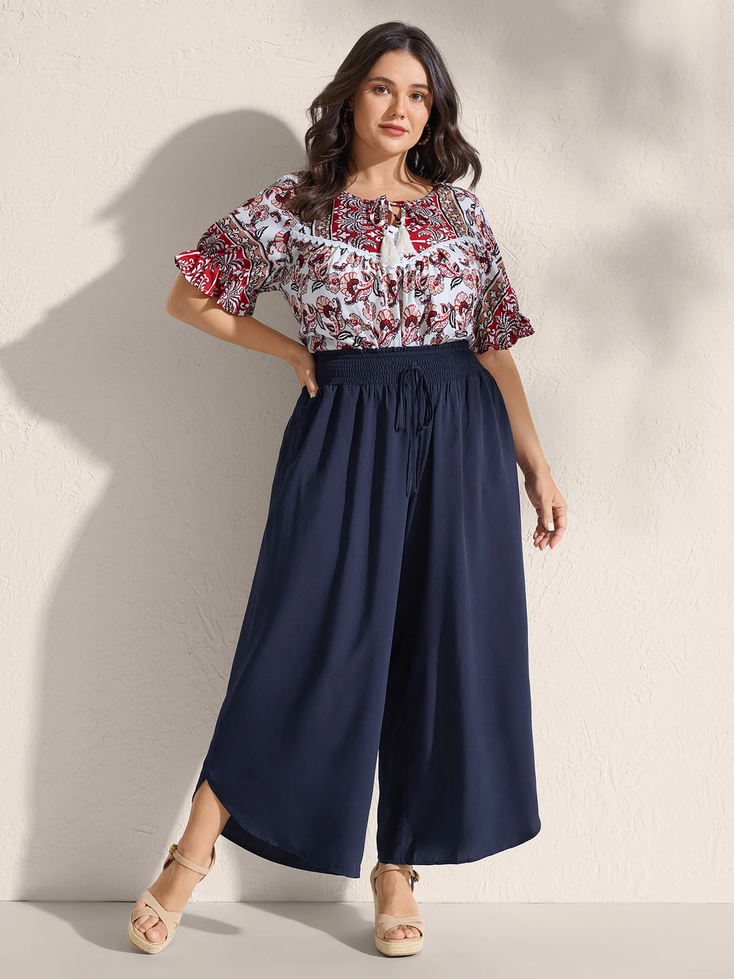 Shirred Waist Curvy Hem Wide-Leg Pants - Image 2