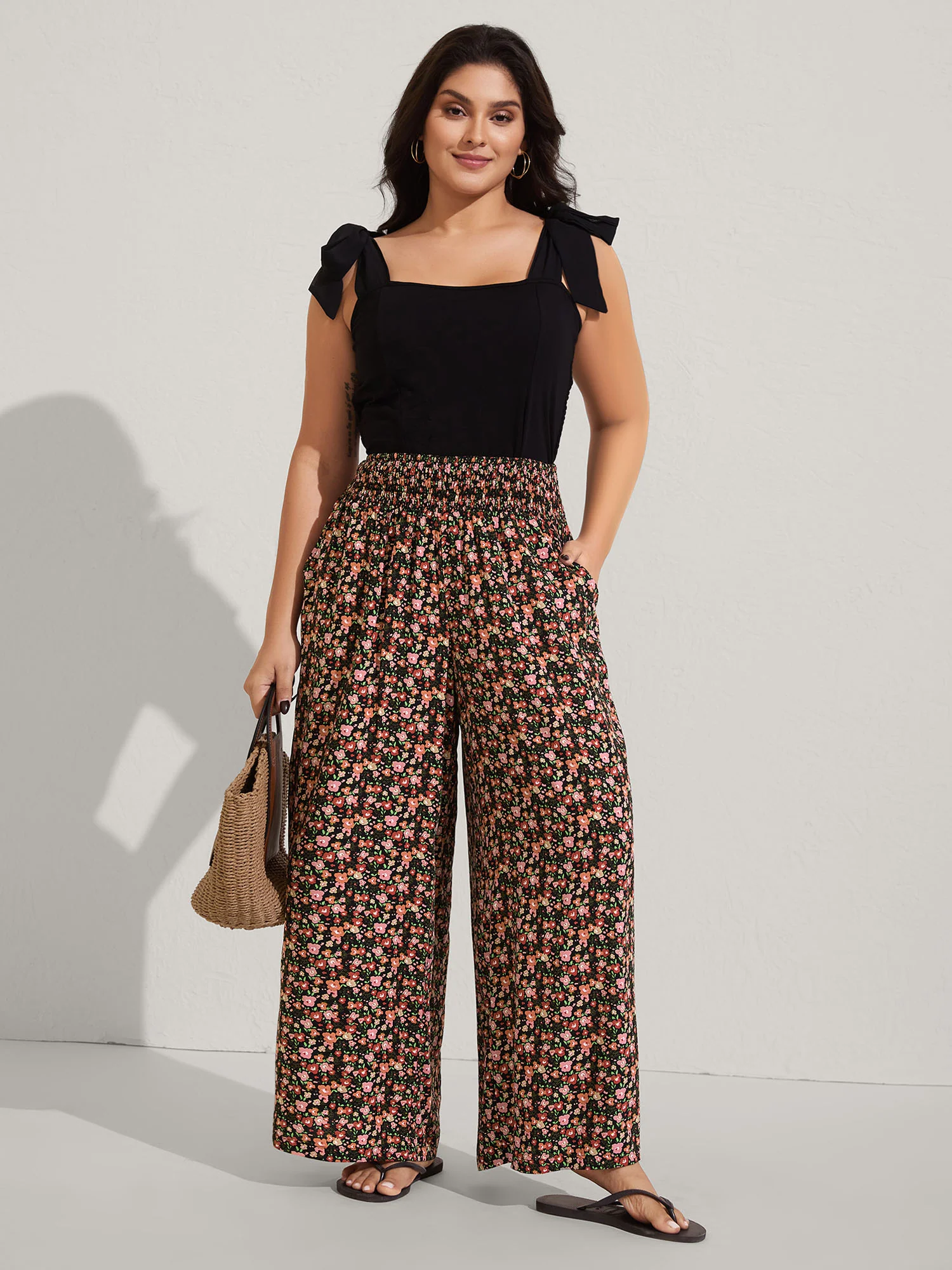 Shirred Waist Ditsy Floral Wide-Leg Pants - Image 2