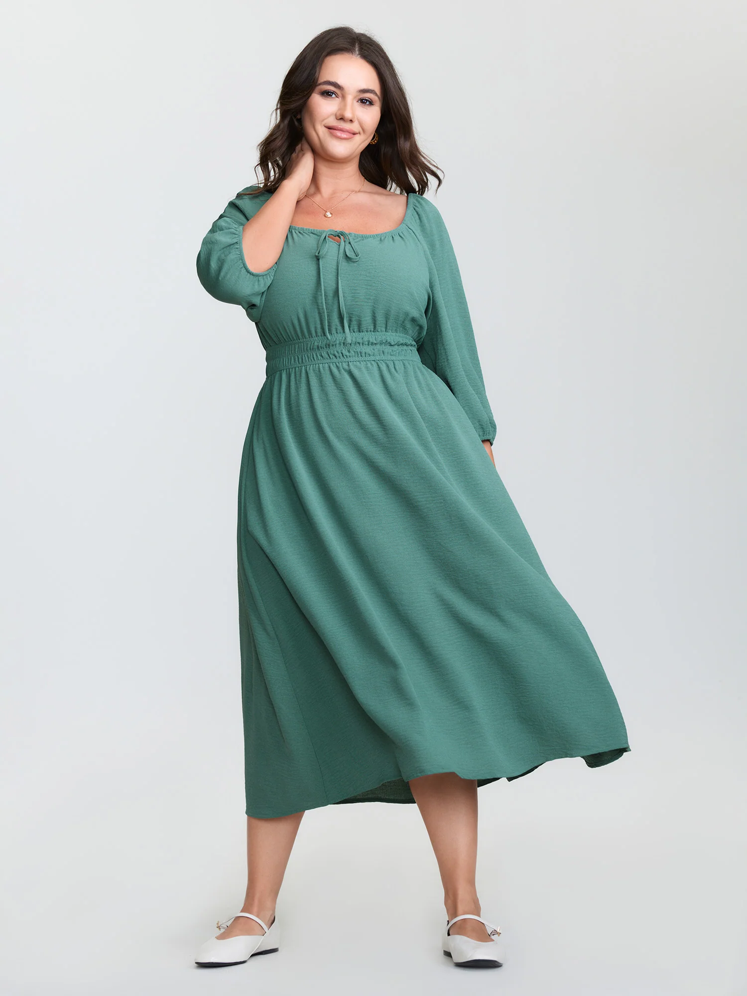 Shirred Waist Drawstring Neckline Midi Dress - Image 3
