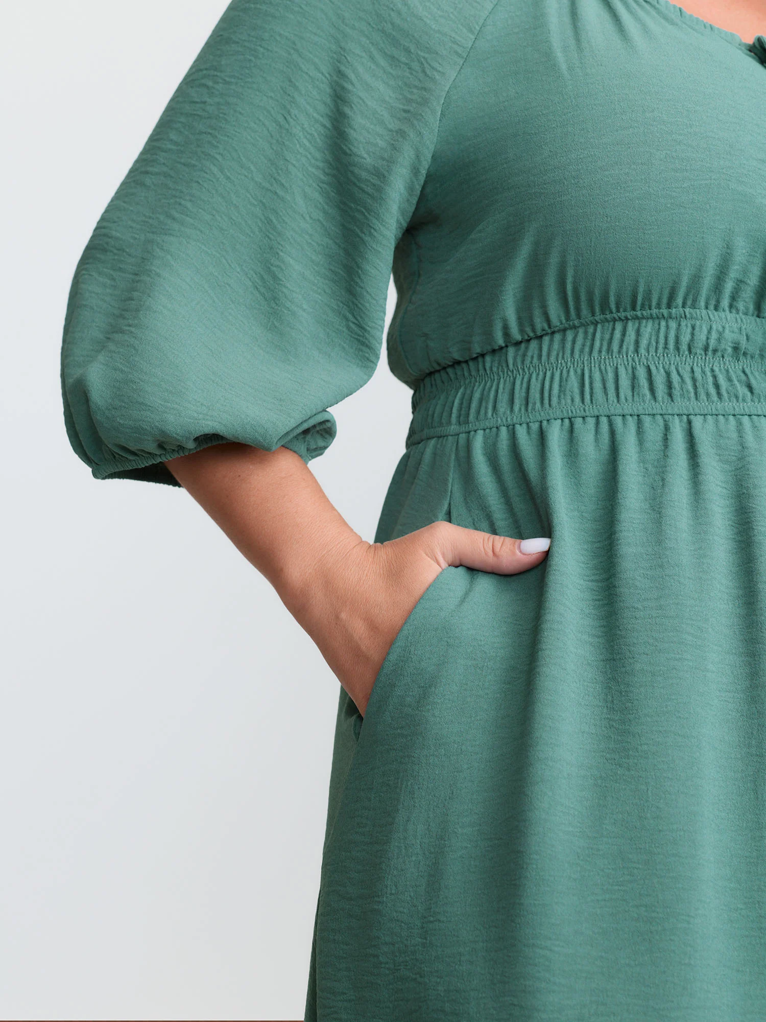 Shirred Waist Drawstring Neckline Midi Dress - Image 4