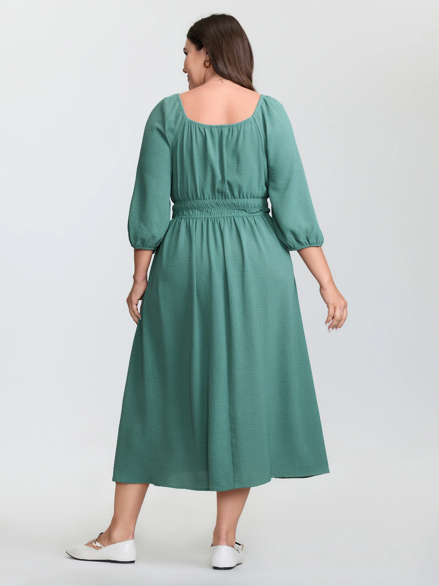 Shirred Waist Drawstring Neckline Midi Dress - Image 6