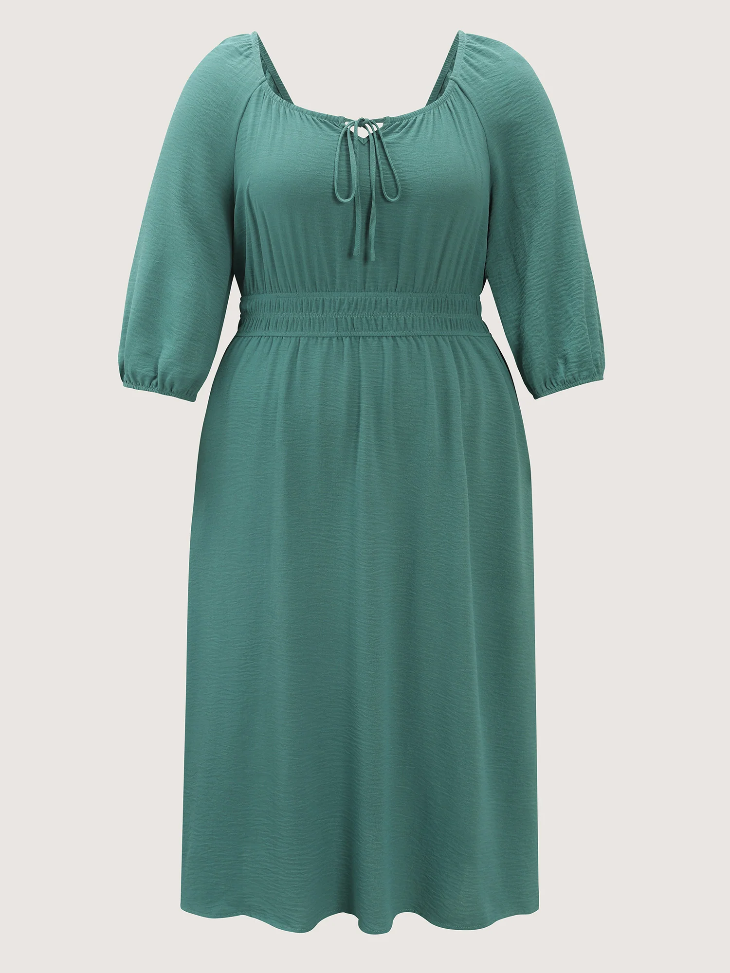 Shirred Waist Drawstring Neckline Midi Dress - Image 9