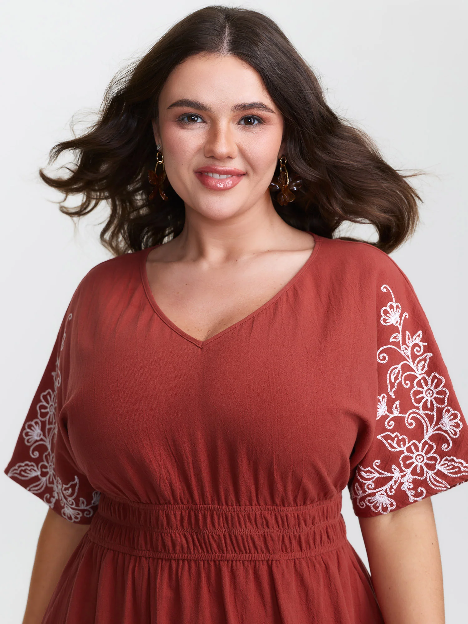 Shirred Waist Embroidered Midi Dress - Image 2