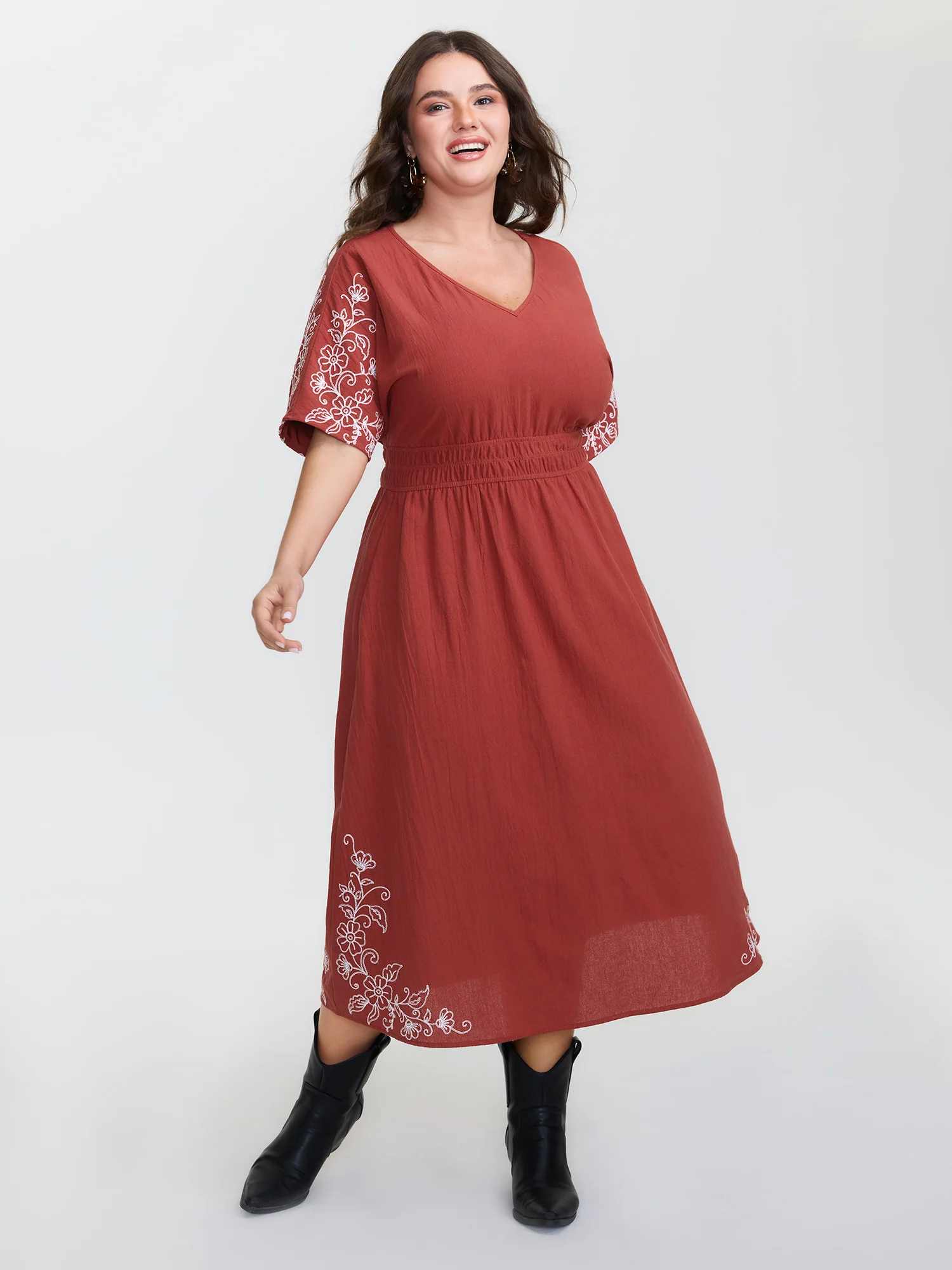 Shirred Waist Embroidered Midi Dress - Image 3