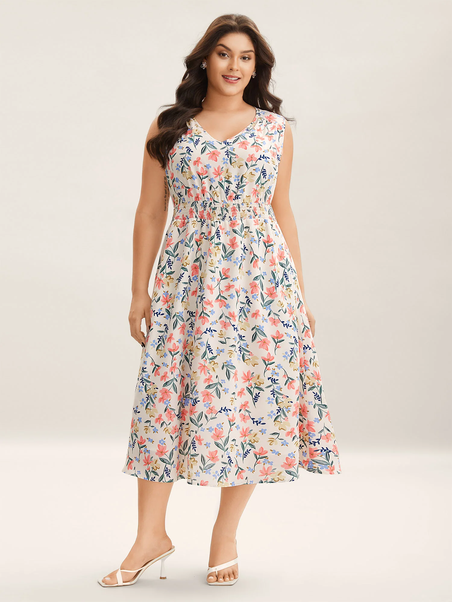 Shirred Waist Floral Print Pockets Midi Dress - Image 2