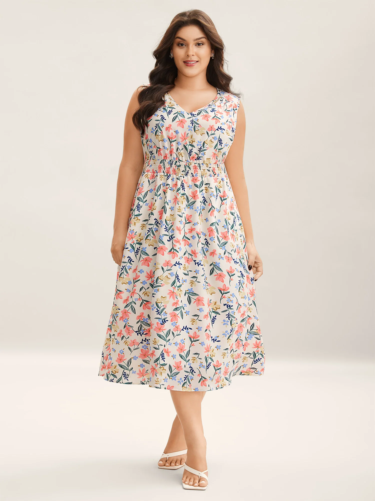 Shirred Waist Floral Print Pockets Midi Dress - Image 3