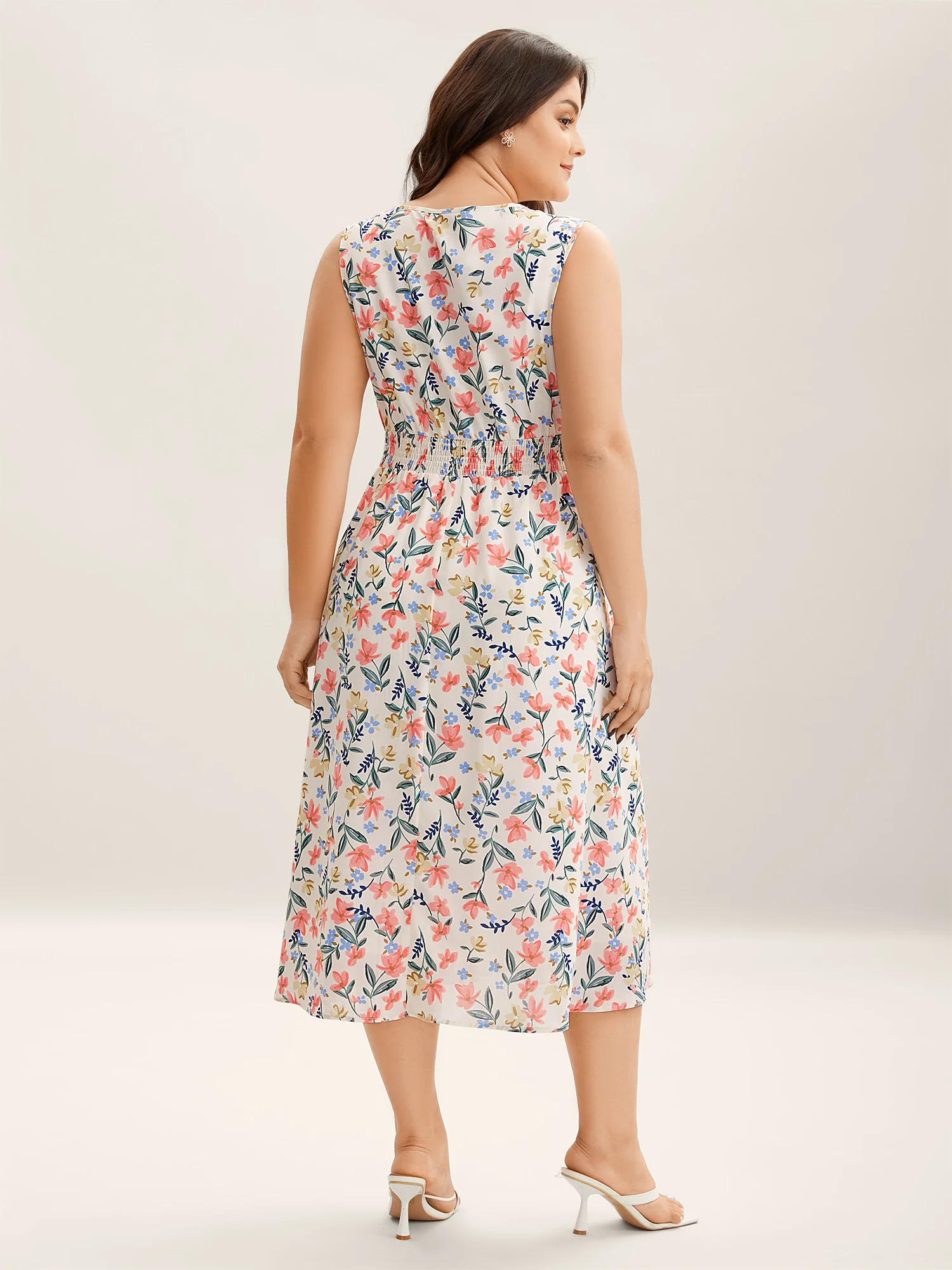 Shirred Waist Floral Print Pockets Midi Dress - Image 4