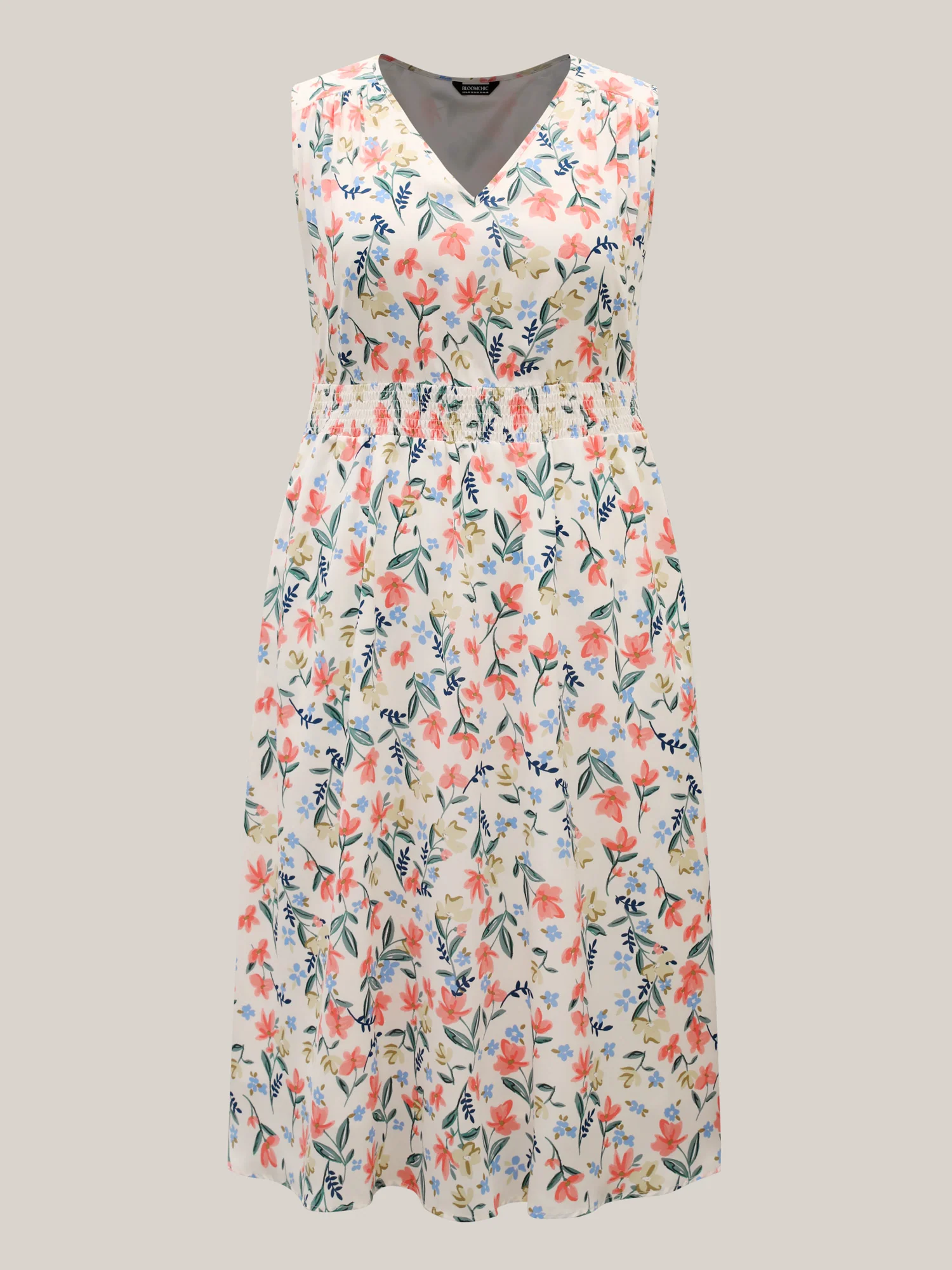 Shirred Waist Floral Print Pockets Midi Dress - Image 5