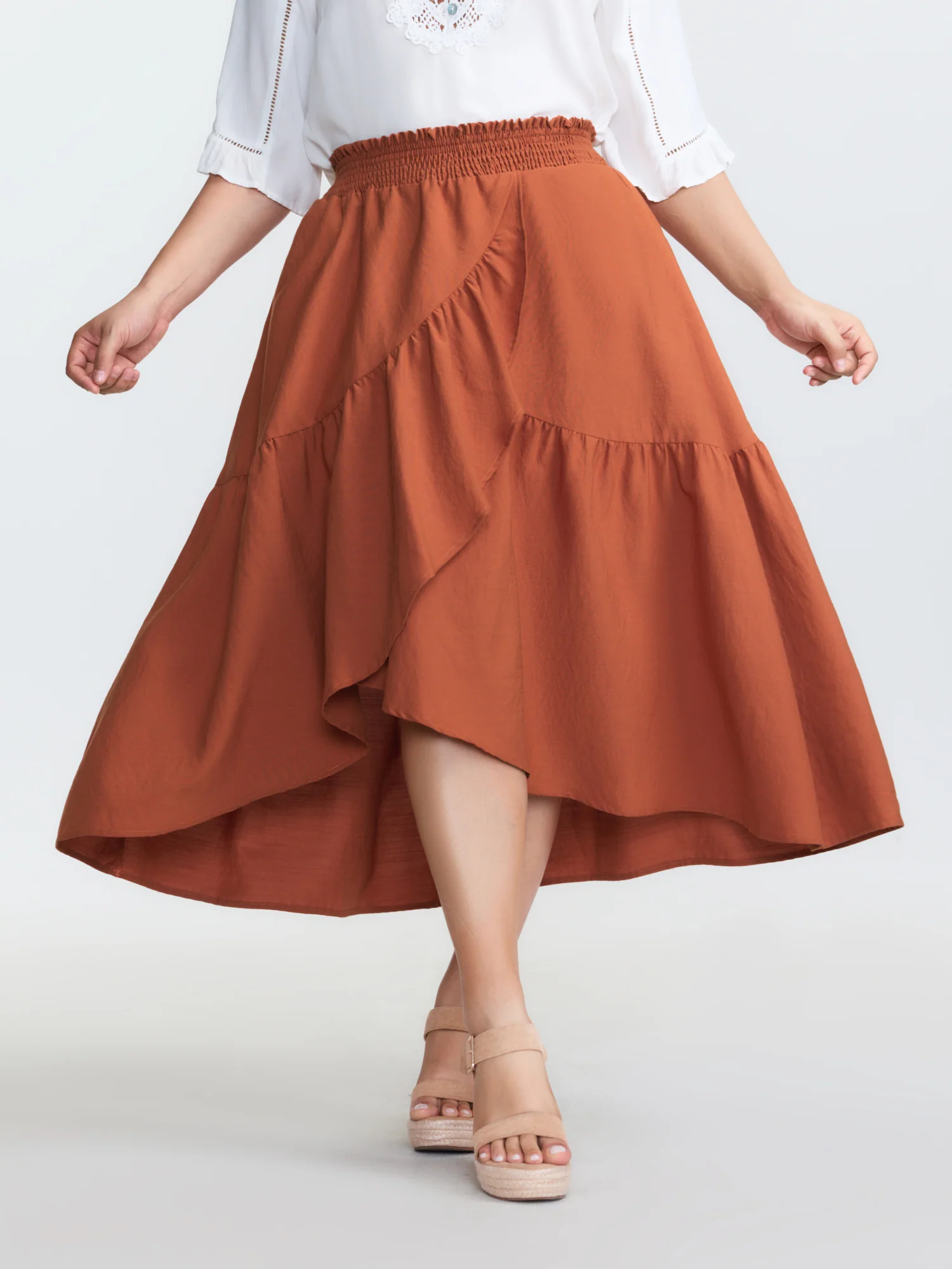 Shirred Waist Ruffled High Low Hem Midi Skirt - Image 2