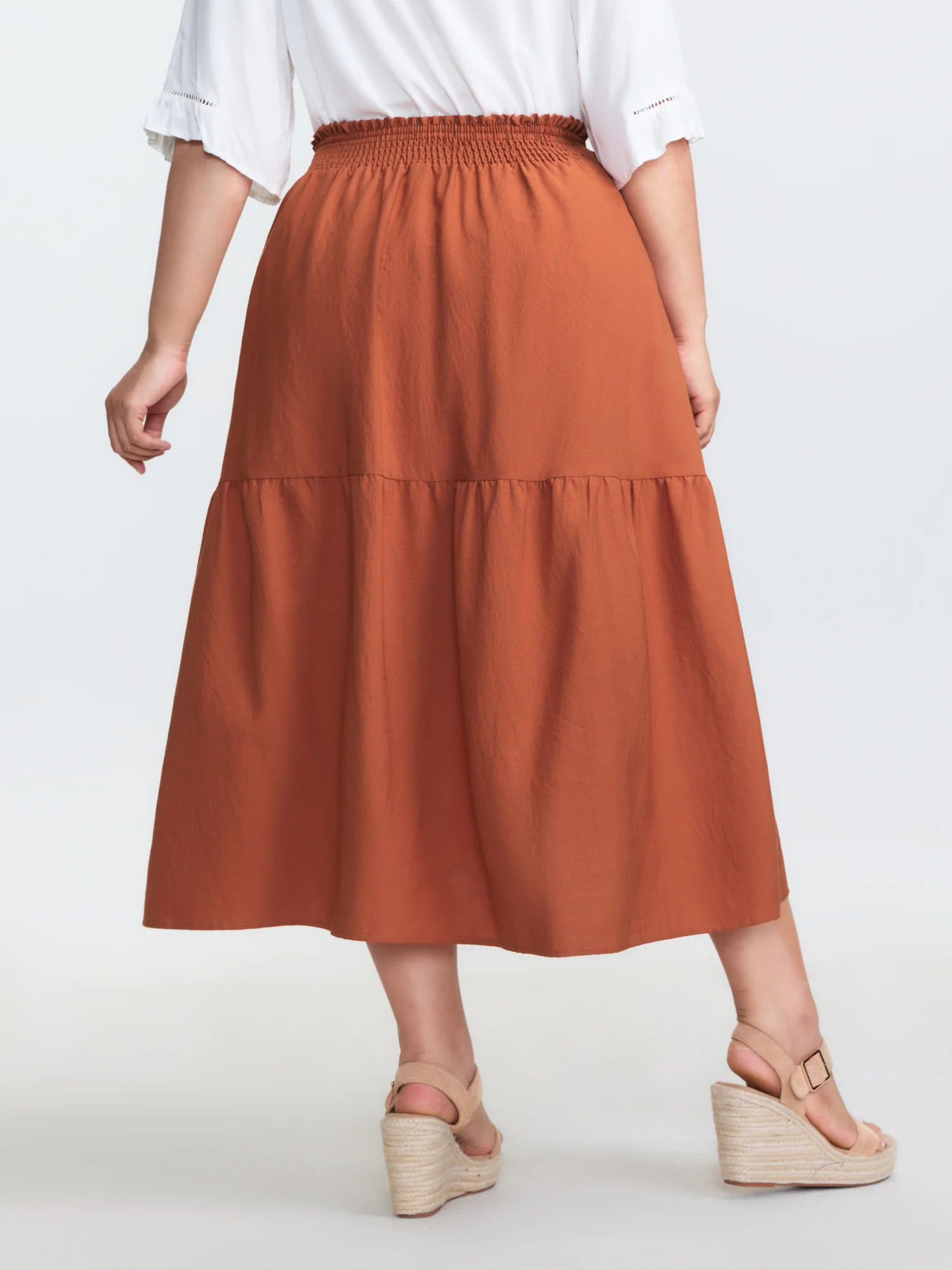 Shirred Waist Ruffled High Low Hem Midi Skirt - Image 5