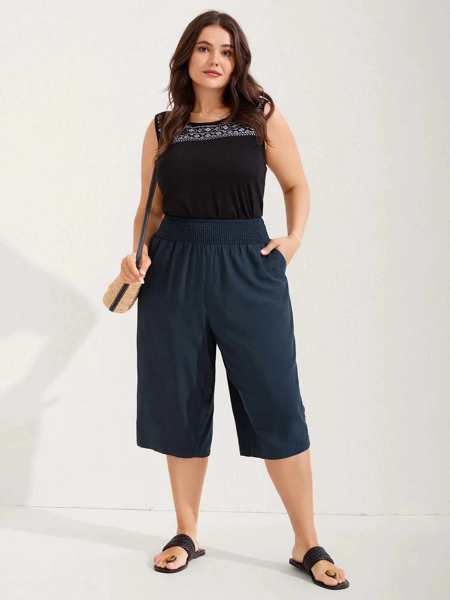 Shirred Waist Solid Straight-Leg Pants - Image 3