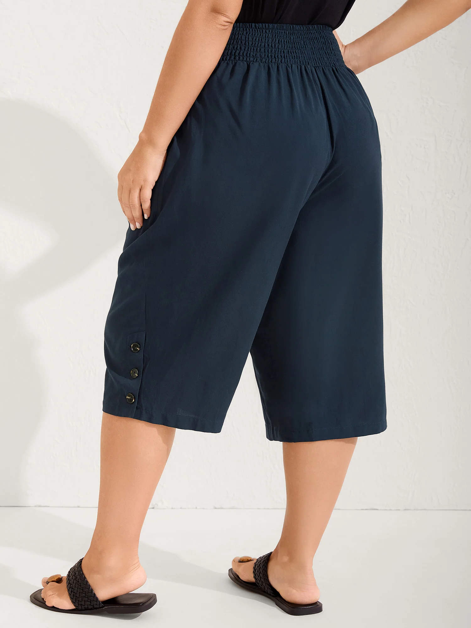Shirred Waist Solid Straight-Leg Pants - Image 4