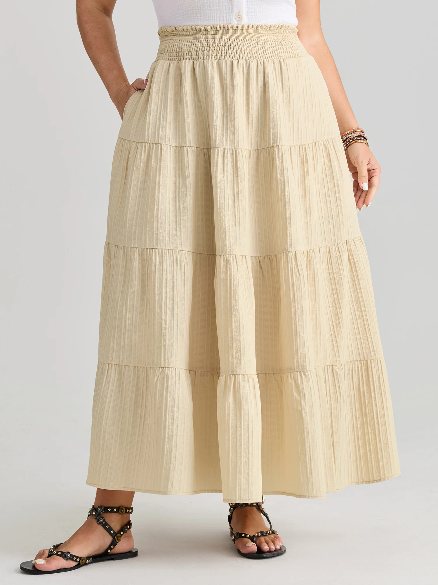 Shirred Wide Waistband Tiered Maxi Skirt - Image 2