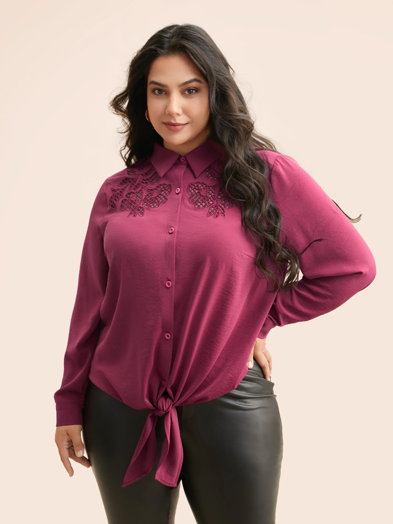 Shirt Collar Broderie Anglaise Tie Knot Blouse - Image 2