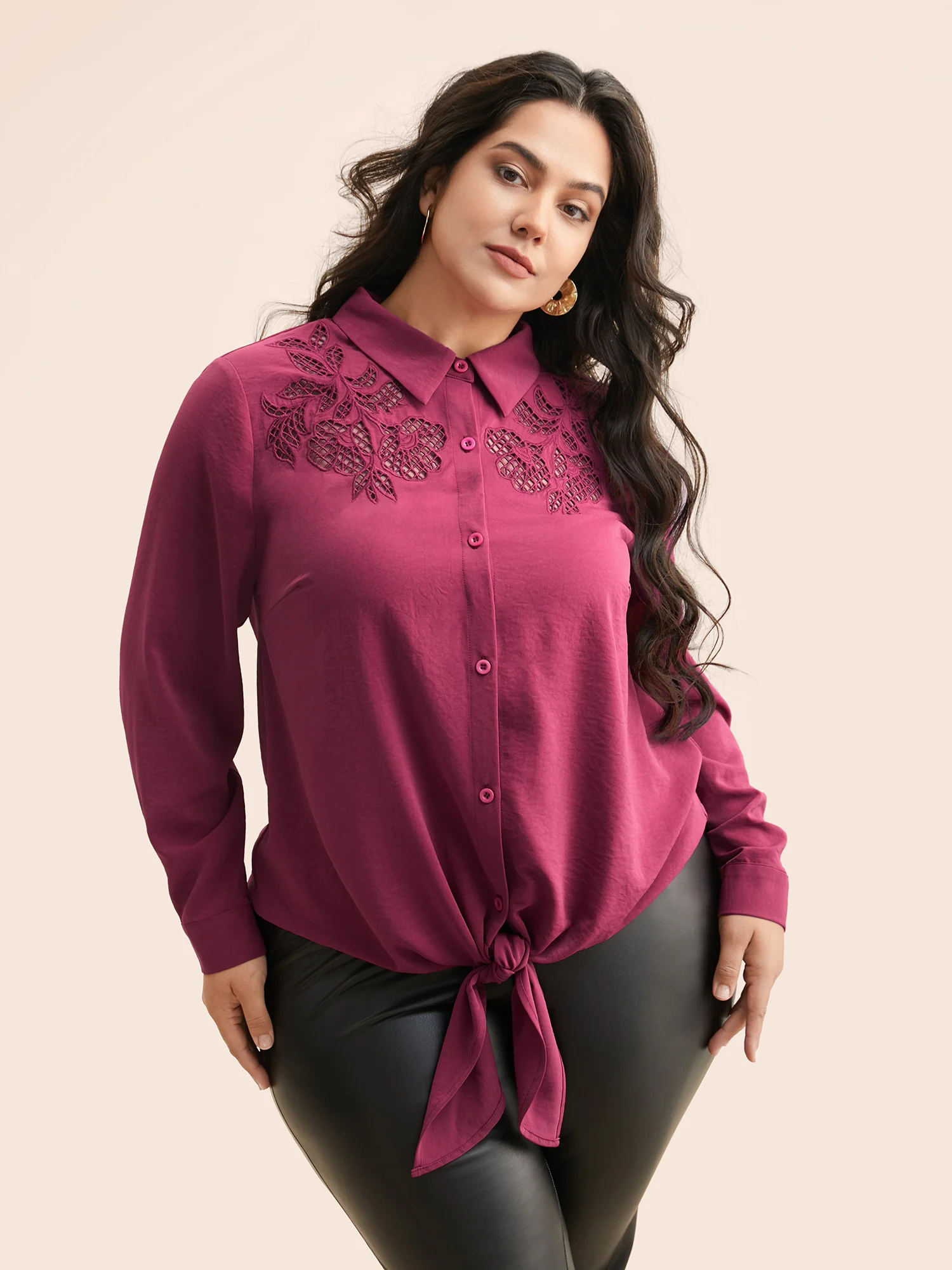 Shirt Collar Broderie Anglaise Tie Knot Blouse - Image 3