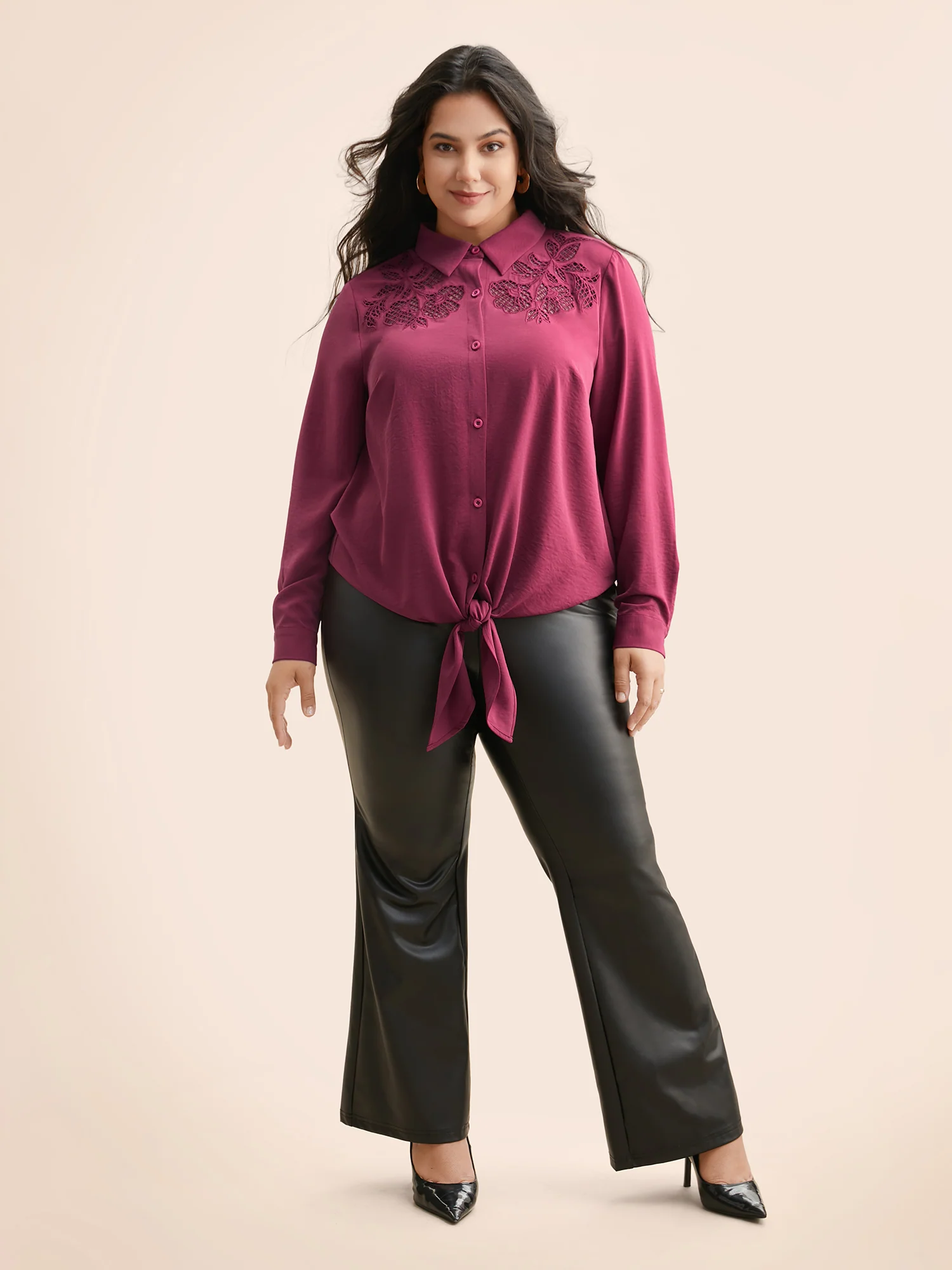 Shirt Collar Broderie Anglaise Tie Knot Blouse - Image 4