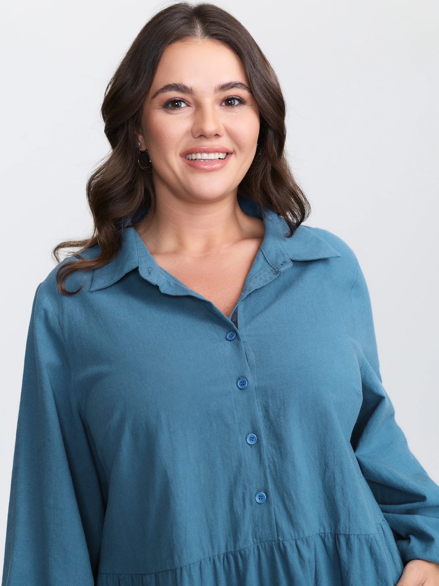 Shirt Collar Button Side Pockets Midi Dress