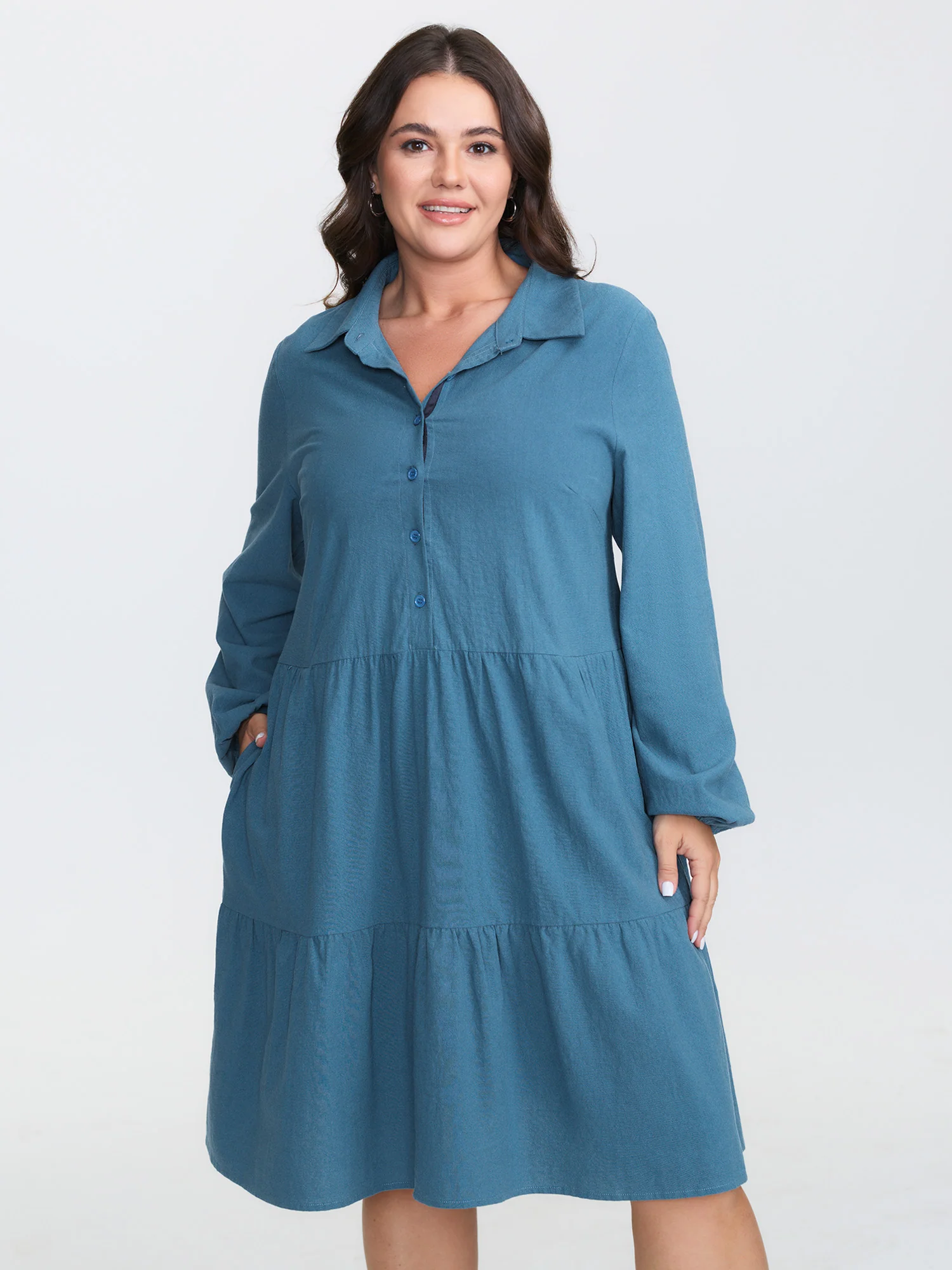 Shirt Collar Button Side Pockets Midi Dress - Image 2