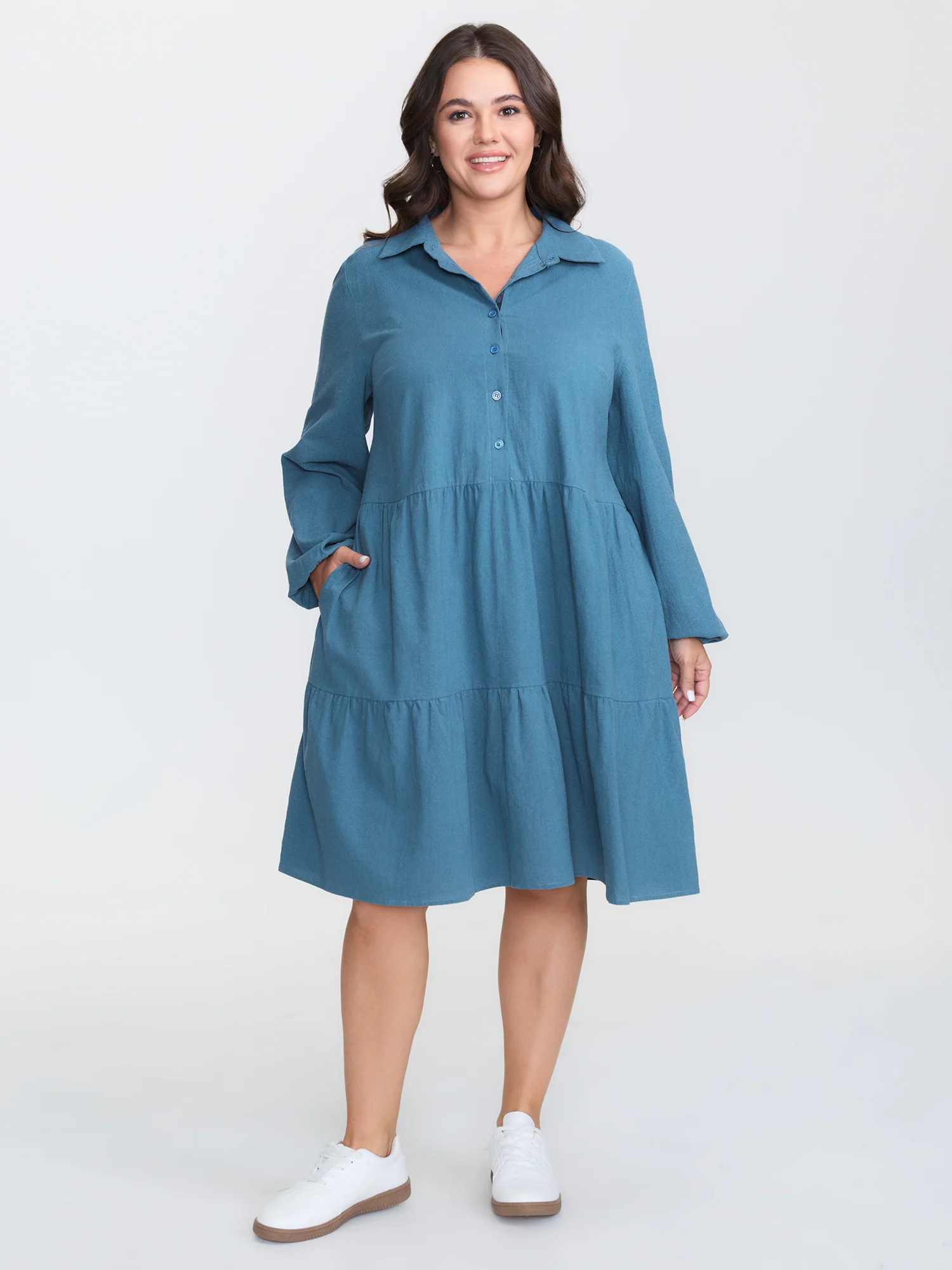 Shirt Collar Button Side Pockets Midi Dress - Image 3