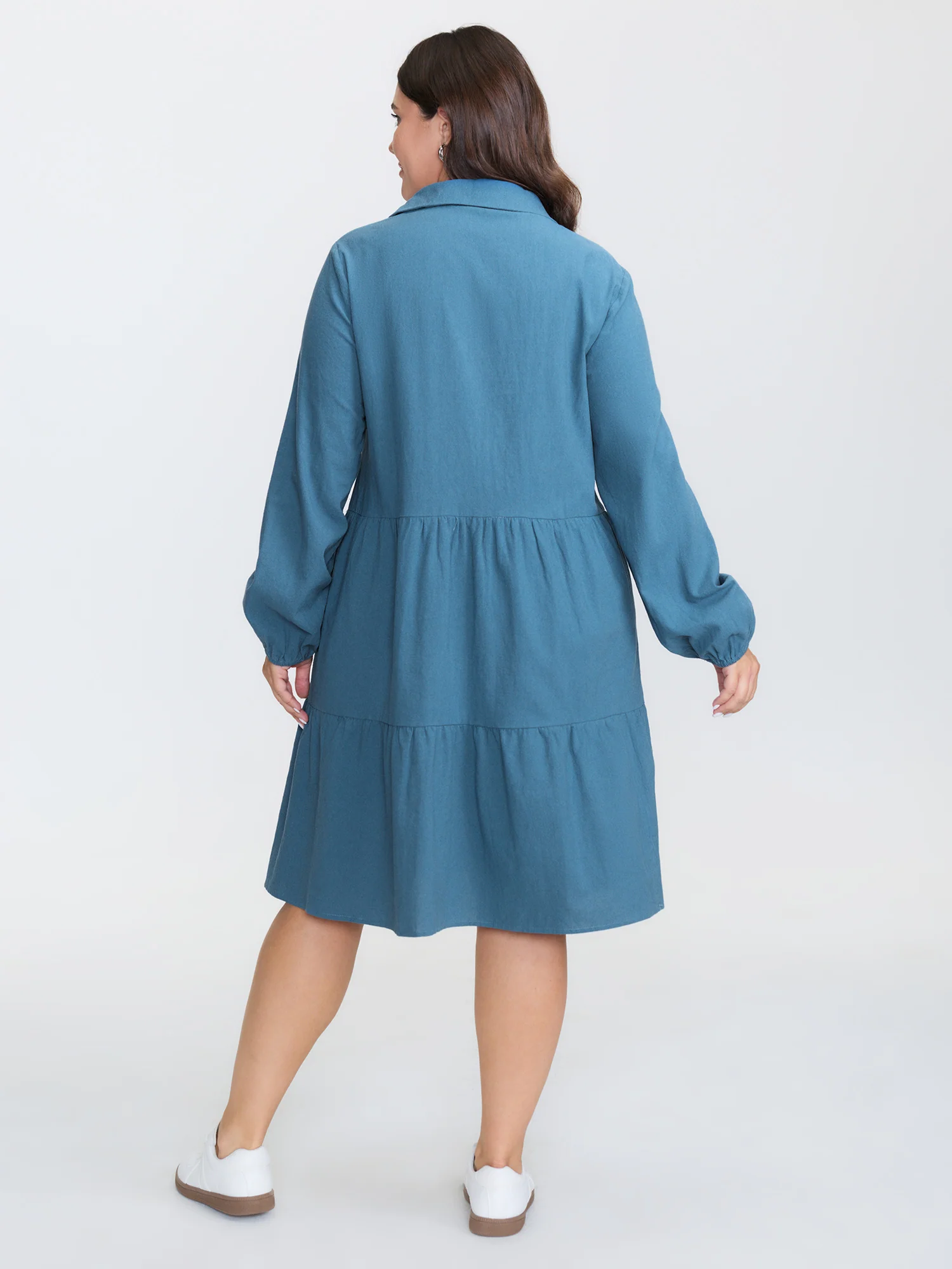 Shirt Collar Button Side Pockets Midi Dress - Image 4