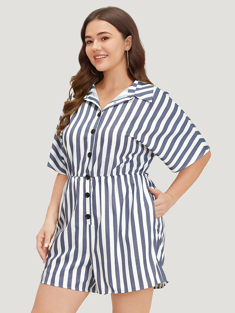 Shirt Collar Button Up Pocket Elastic Waist Romper - Image 2