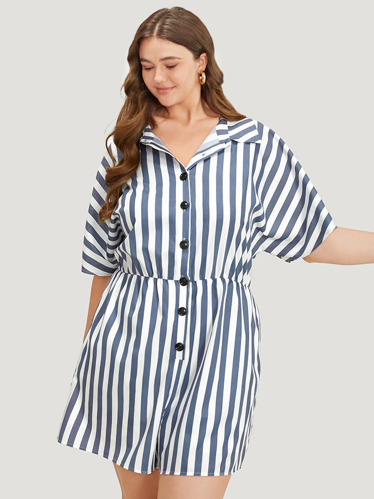 Shirt Collar Button Up Pocket Elastic Waist Romper - Image 3