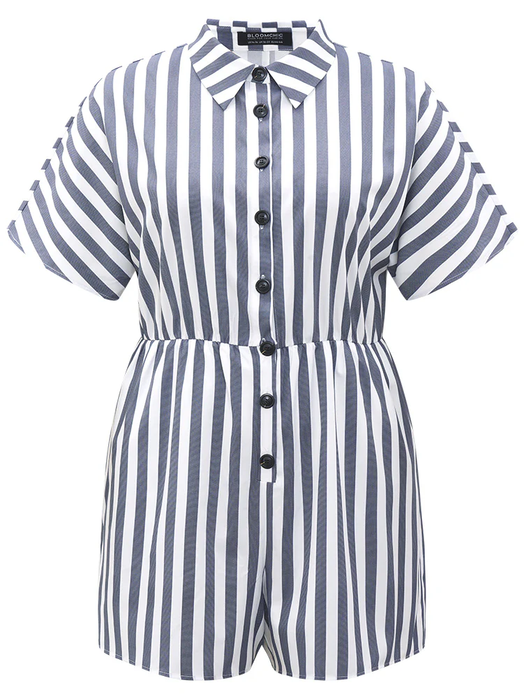 Shirt Collar Button Up Pocket Elastic Waist Romper - Image 9