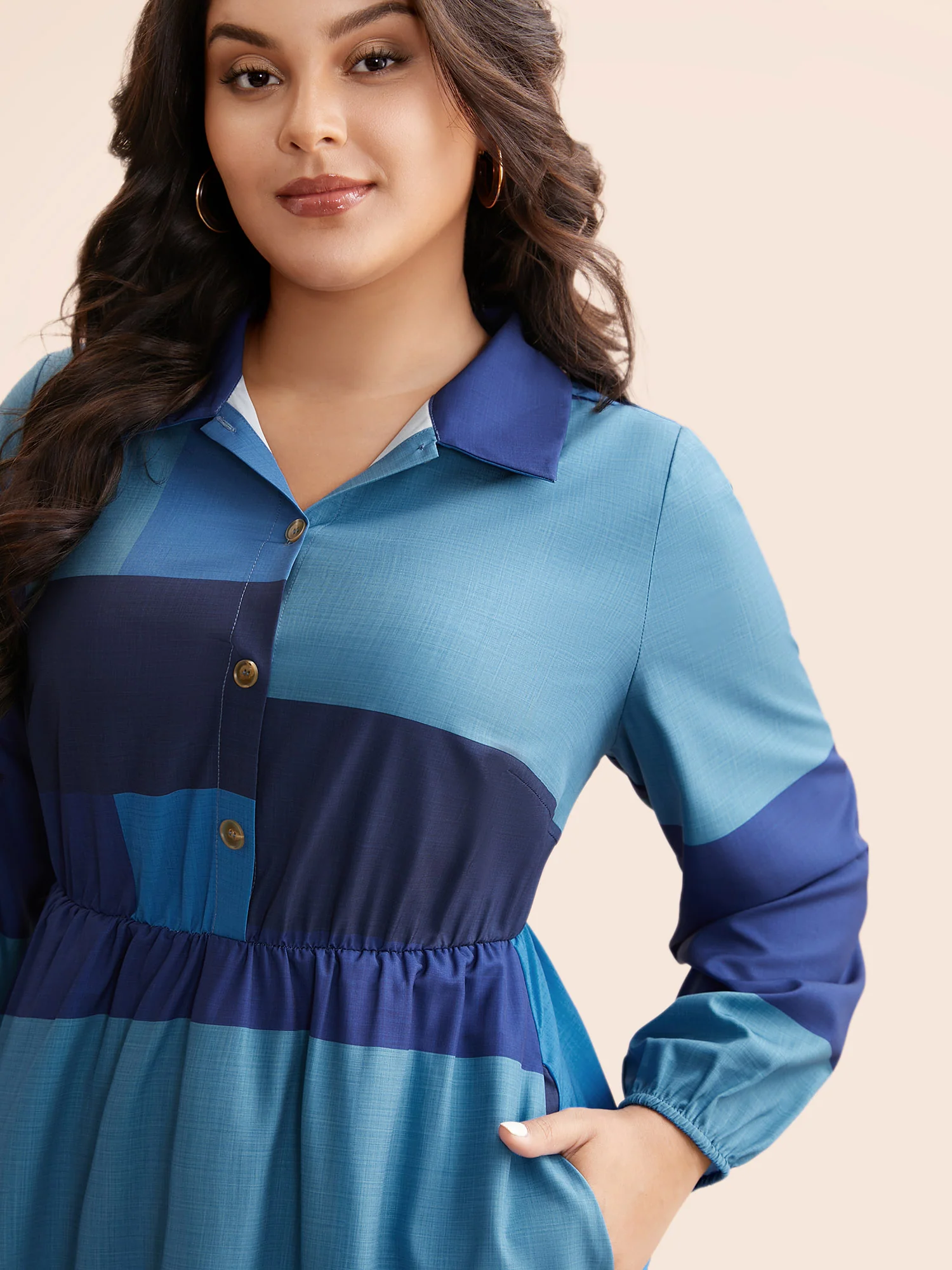 Shirt Collar Colorblock Contrast Midi Dress - Image 2