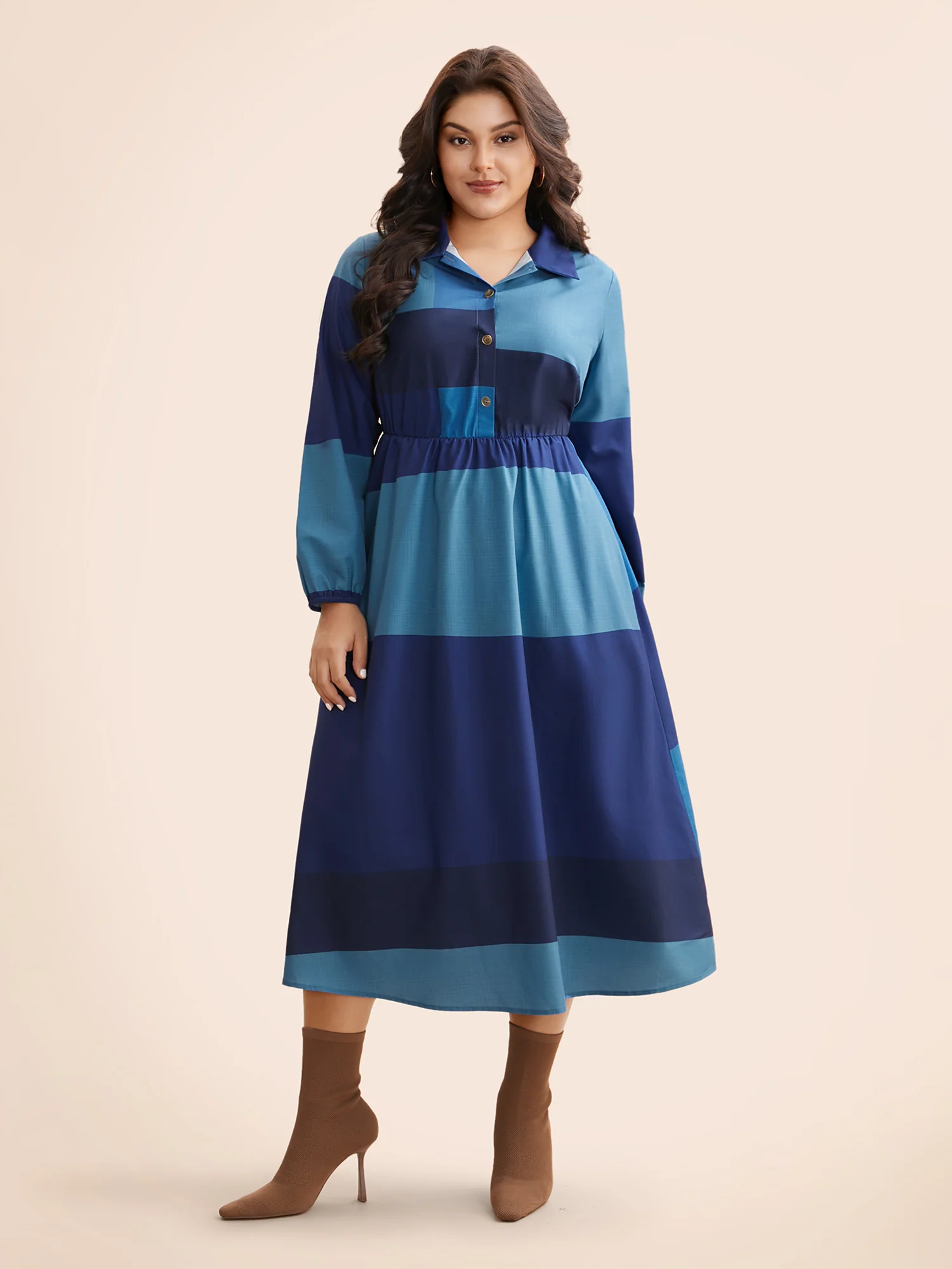 Shirt Collar Colorblock Contrast Midi Dress - Image 3