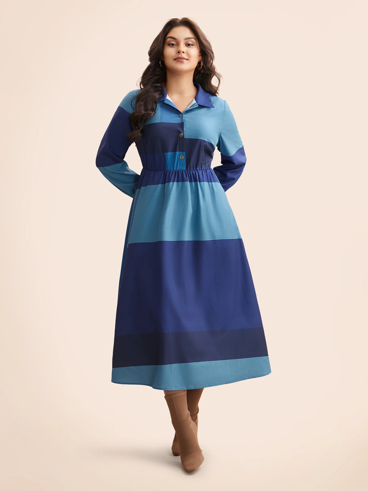 Shirt Collar Colorblock Contrast Midi Dress - Image 4