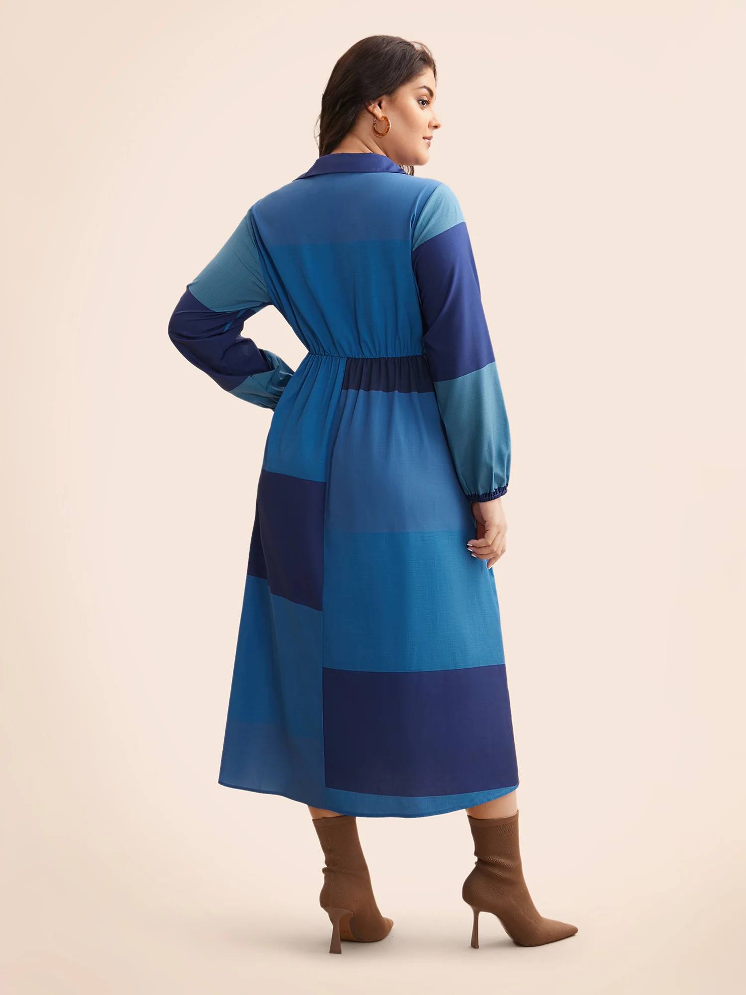 Shirt Collar Colorblock Contrast Midi Dress - Image 5