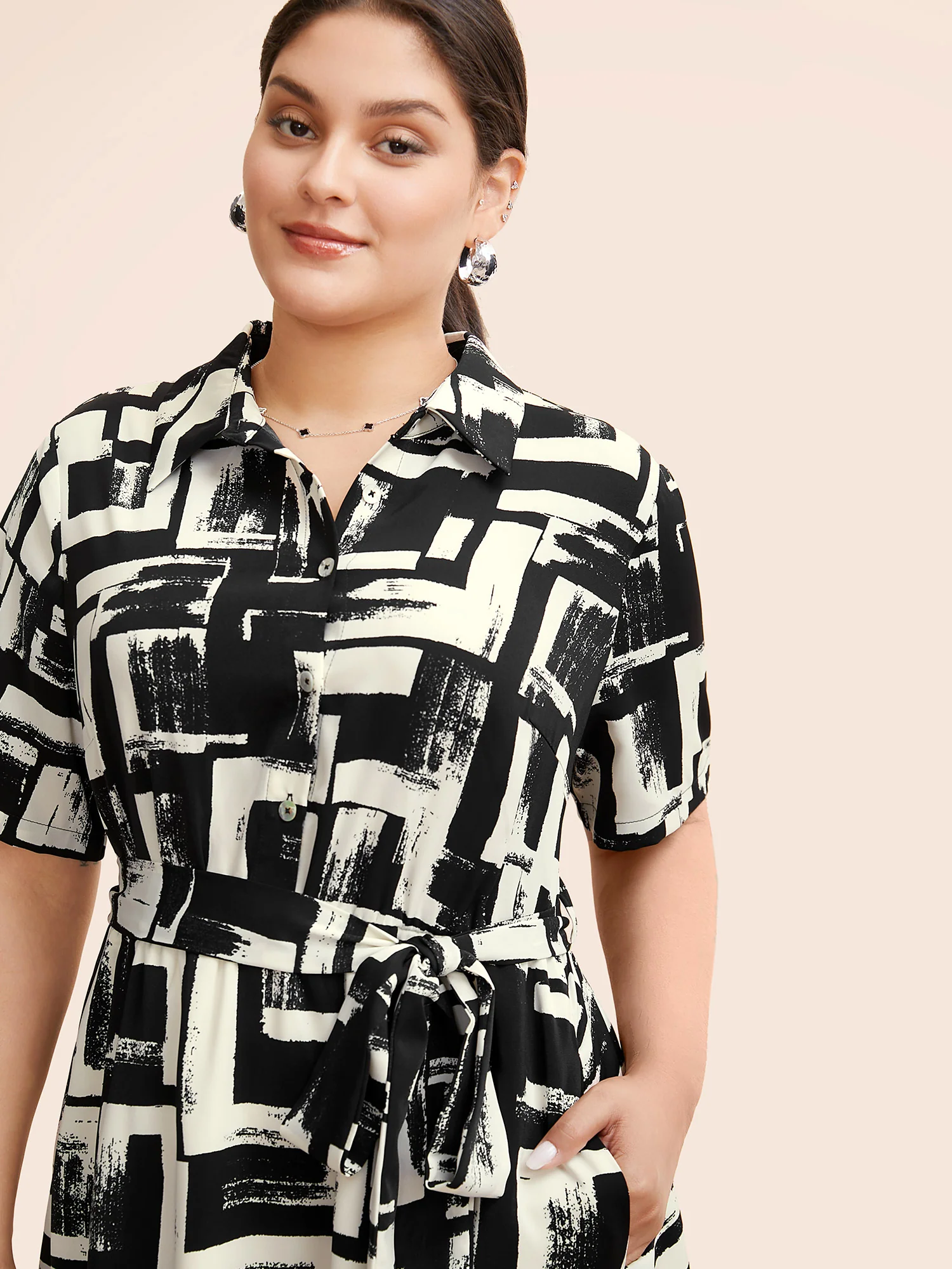 Shirt Collar Colorblock Contrast Midi Dress - Image 2