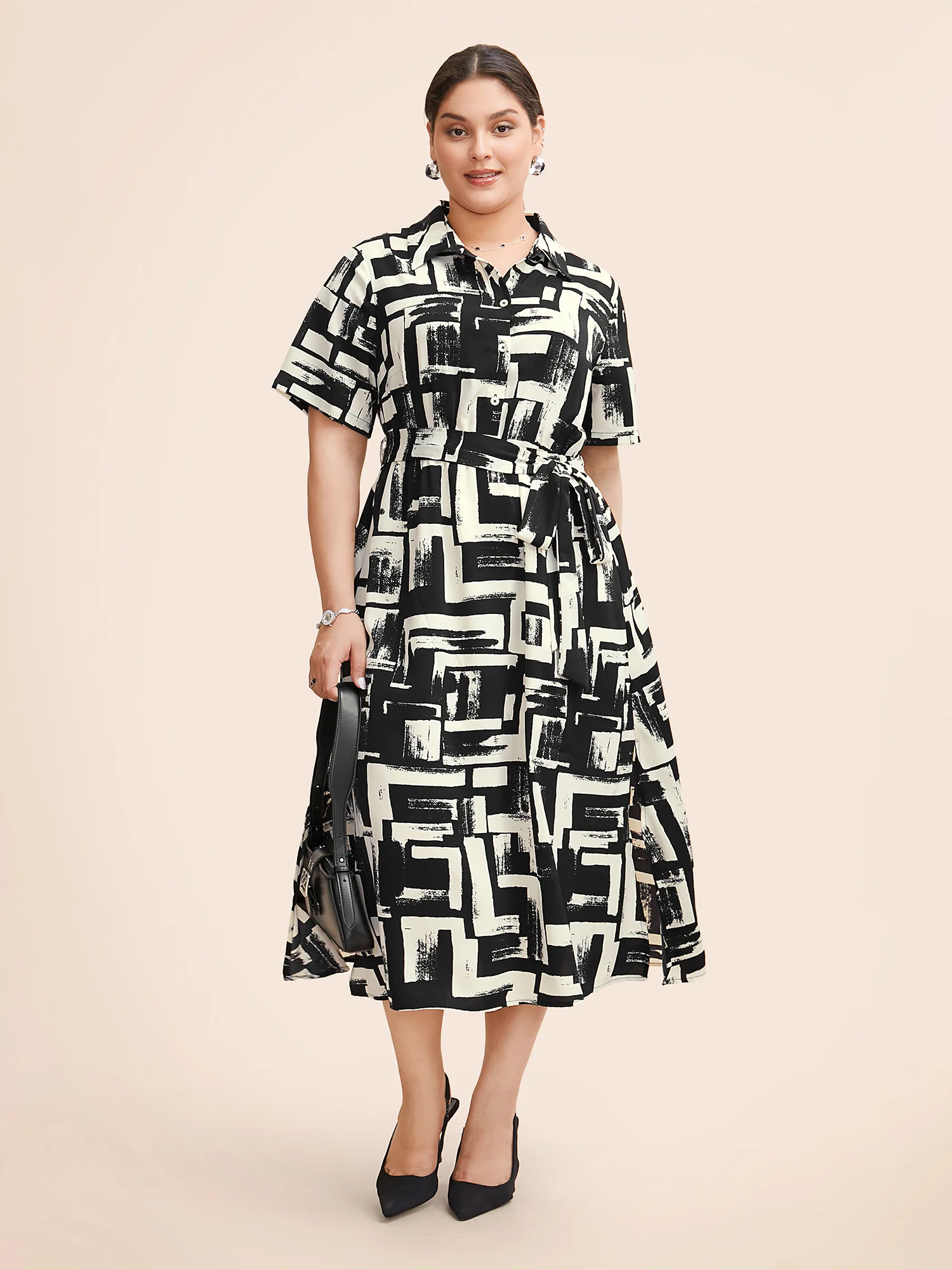 Shirt Collar Colorblock Contrast Midi Dress - Image 3