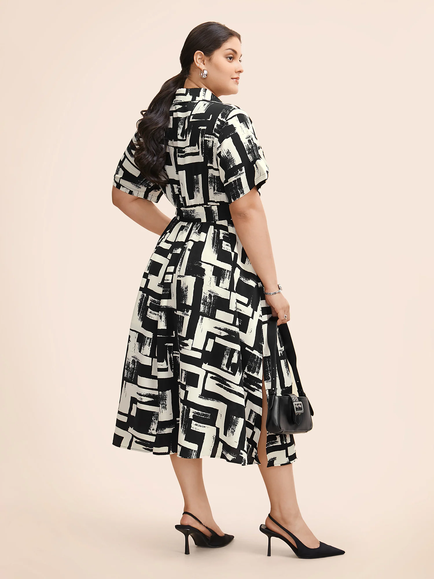 Shirt Collar Colorblock Contrast Midi Dress - Image 4