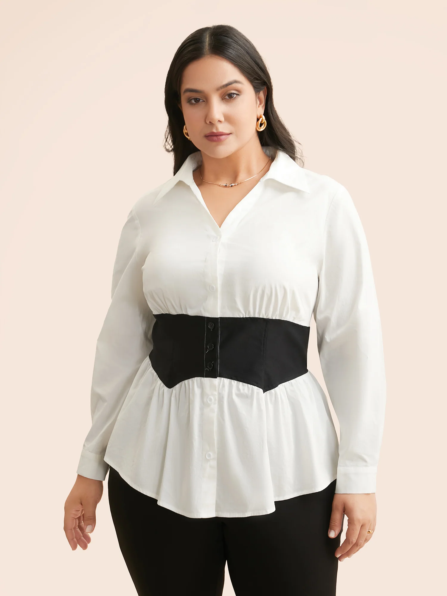 Shirt Collar Contrast Patchwork Shirt - Image 4