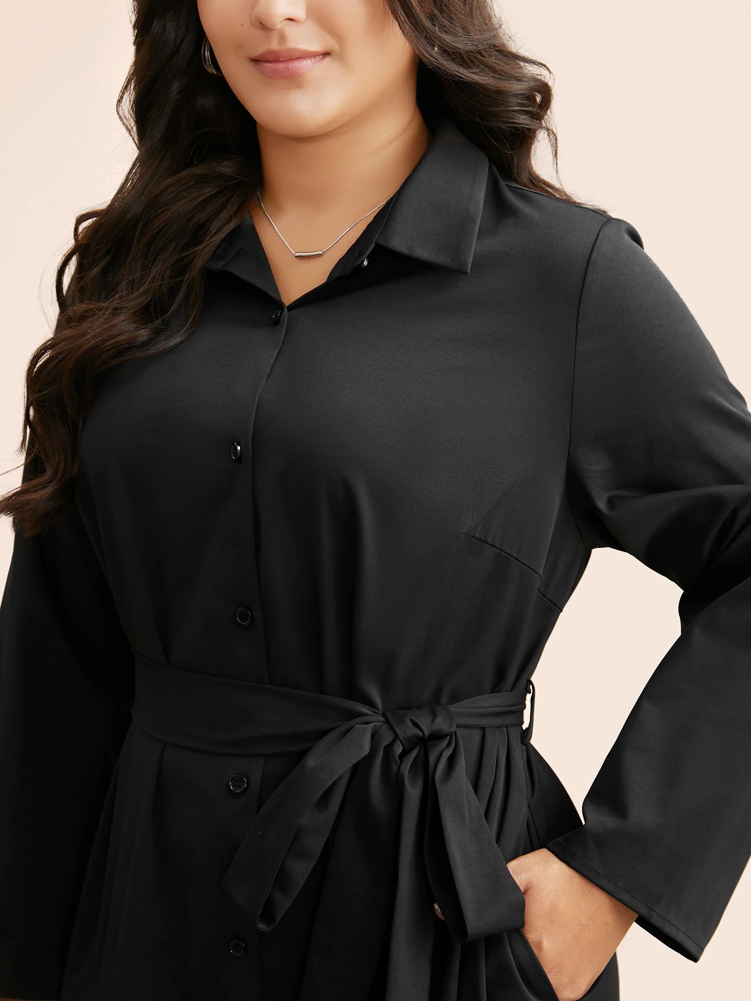 Shirt Collar Curved Hem Midi Dress - Image 2
