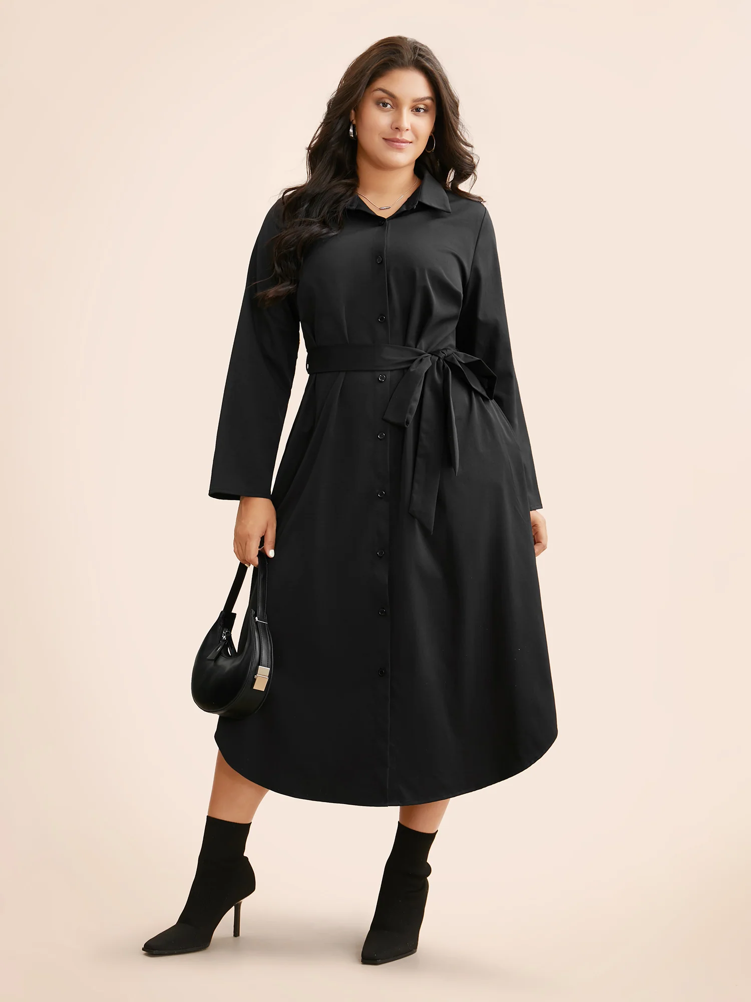 Shirt Collar Curved Hem Midi Dress - Image 3