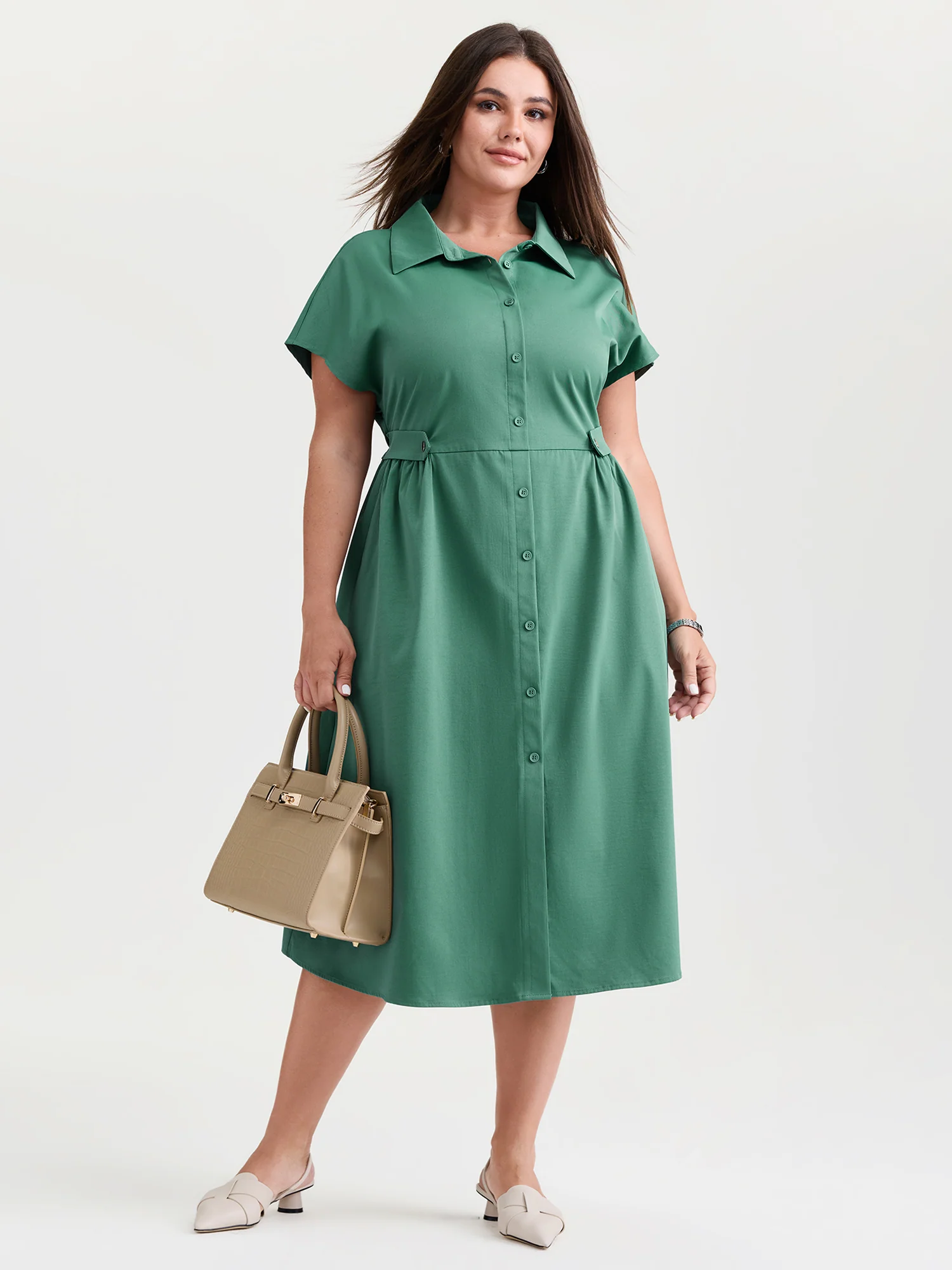 Shirt Collar Decorative Waistline Midi Dress - Image 3
