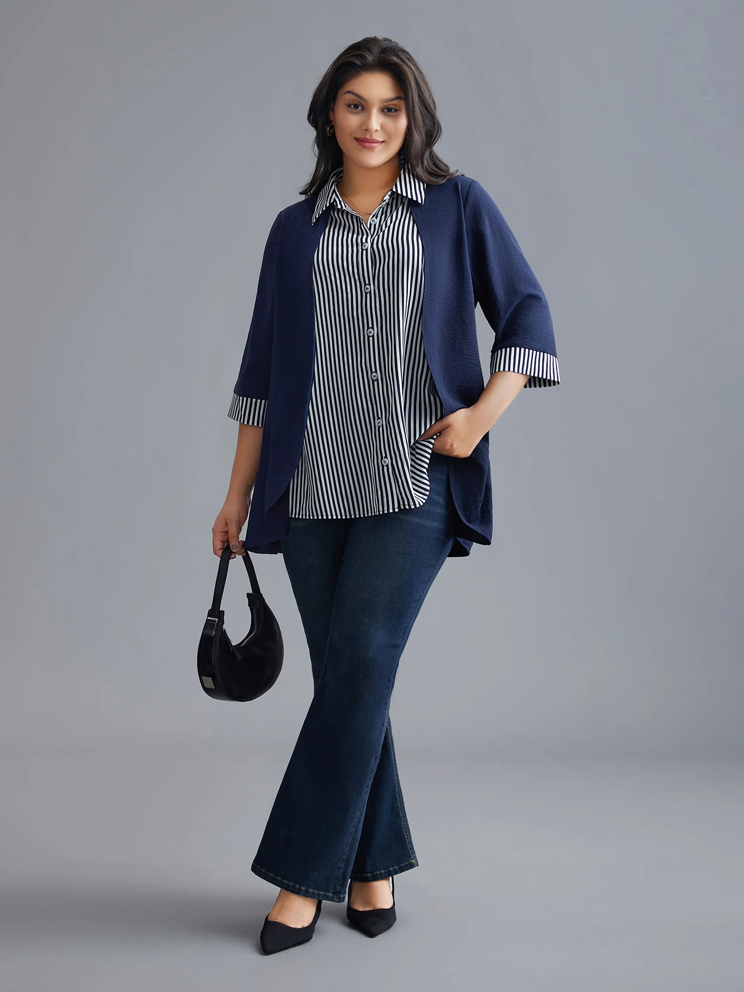 Shirt Collar Patchwork Striped Blouse - Image 2