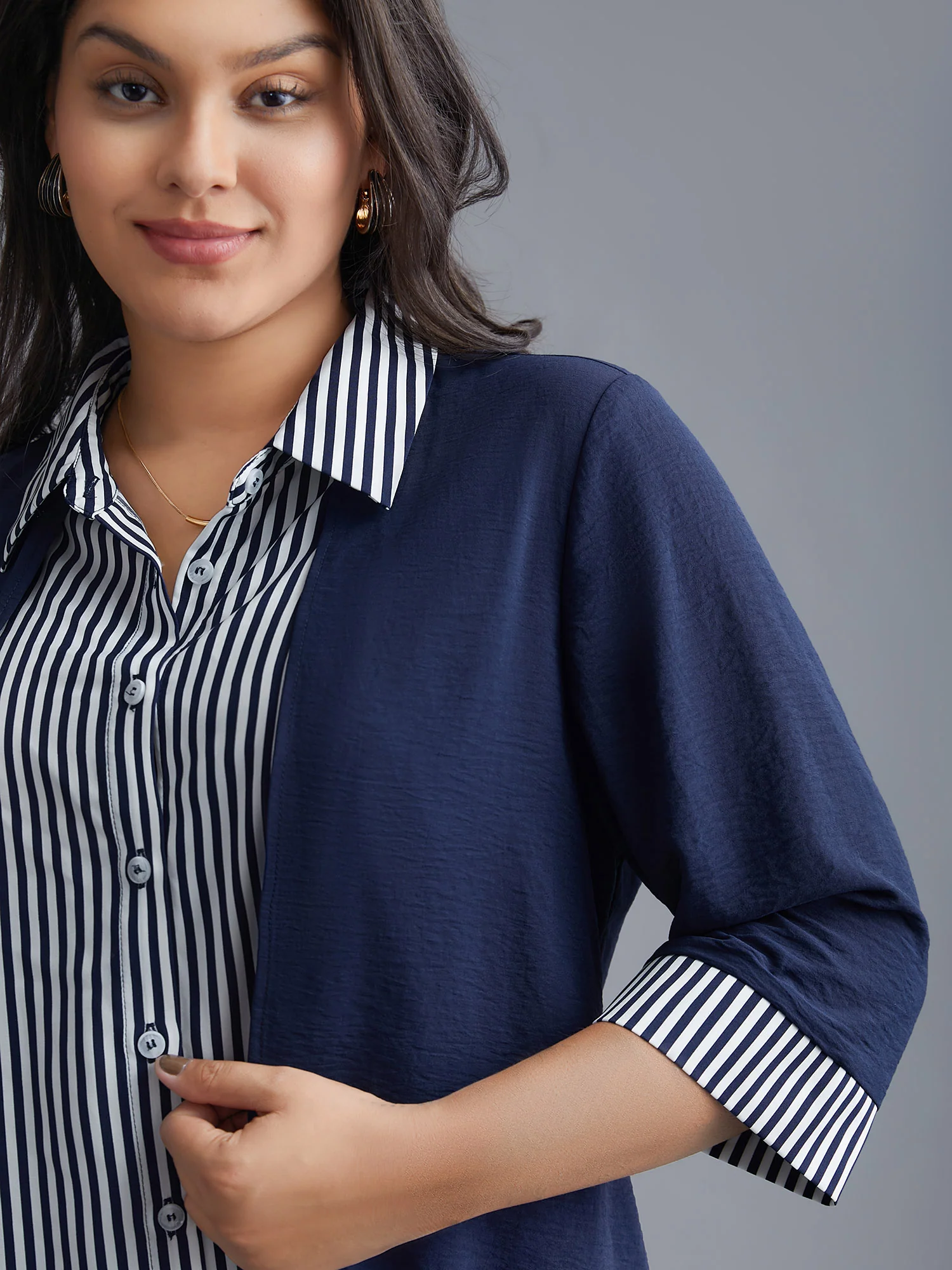 Shirt Collar Patchwork Striped Blouse - Image 3
