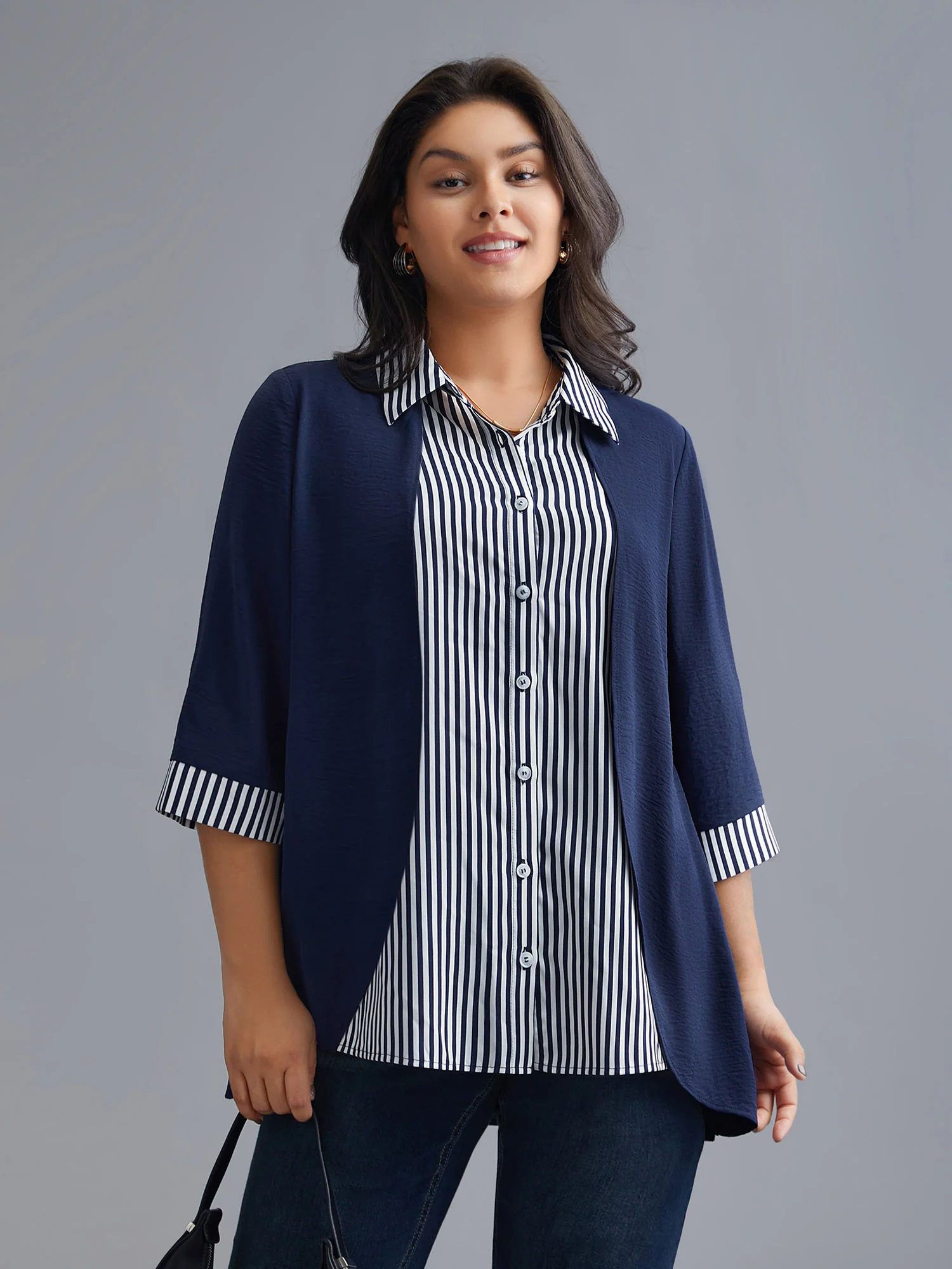 Shirt Collar Patchwork Striped Blouse - Image 4