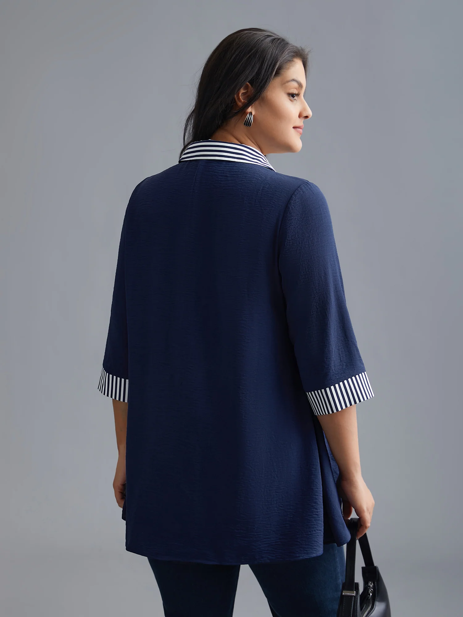 Shirt Collar Patchwork Striped Blouse - Image 5