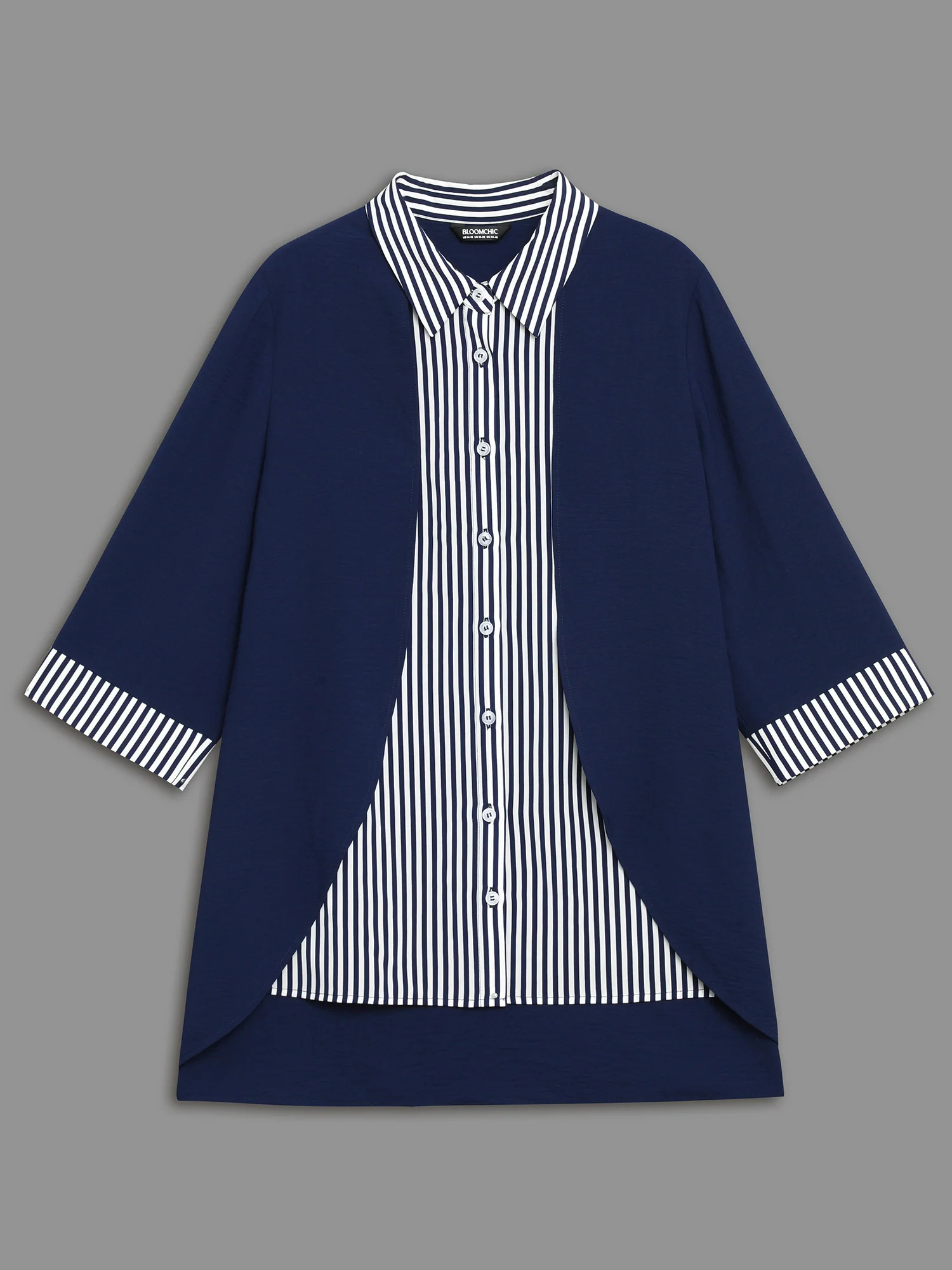 Shirt Collar Patchwork Striped Blouse - Image 8