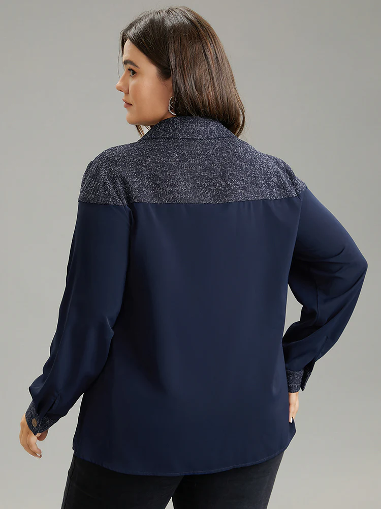Shirt Collar Patchwork Textured Buckle Up Blouse - Image 2