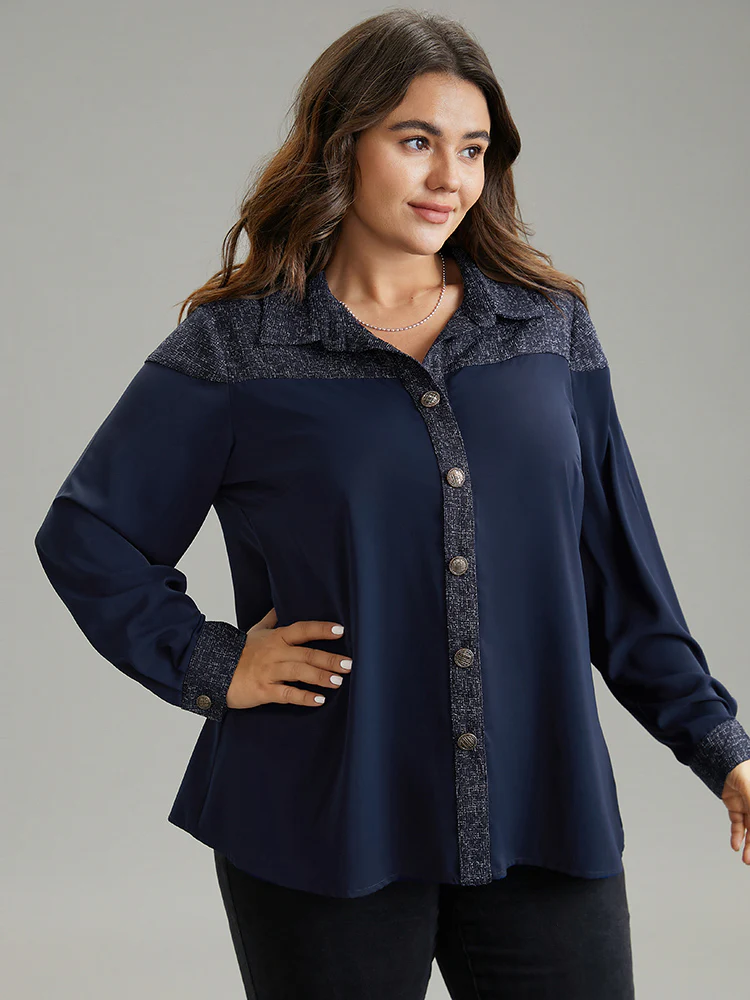 Shirt Collar Patchwork Textured Buckle Up Blouse - Image 3