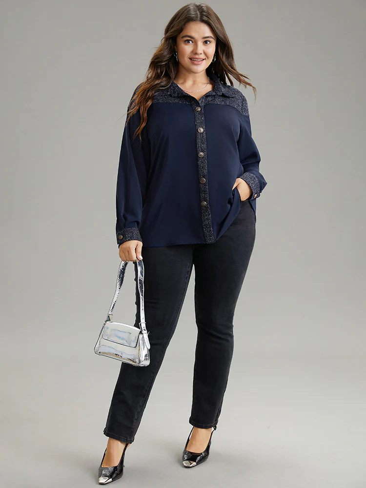 Shirt Collar Patchwork Textured Buckle Up Blouse - Image 4