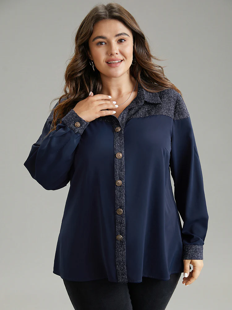 Shirt Collar Patchwork Textured Buckle Up Blouse - Image 5