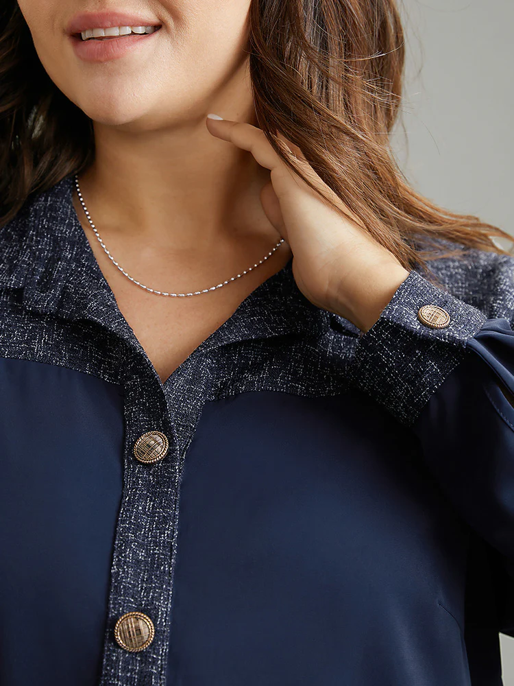 Shirt Collar Patchwork Textured Buckle Up Blouse - Image 6