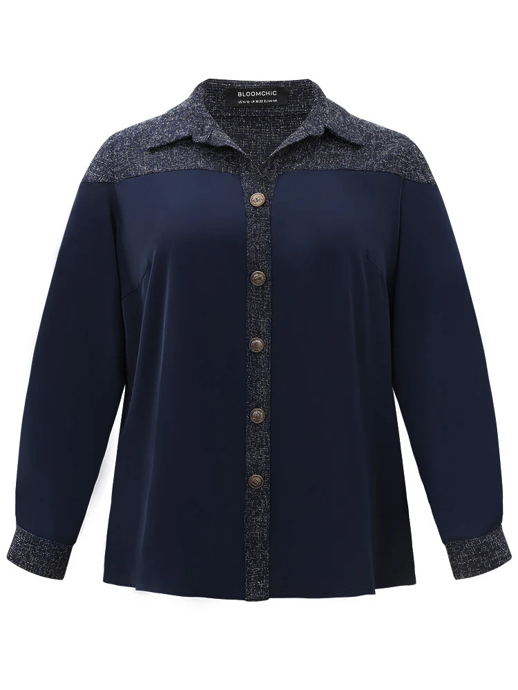 Shirt Collar Patchwork Textured Buckle Up Blouse - Image 7