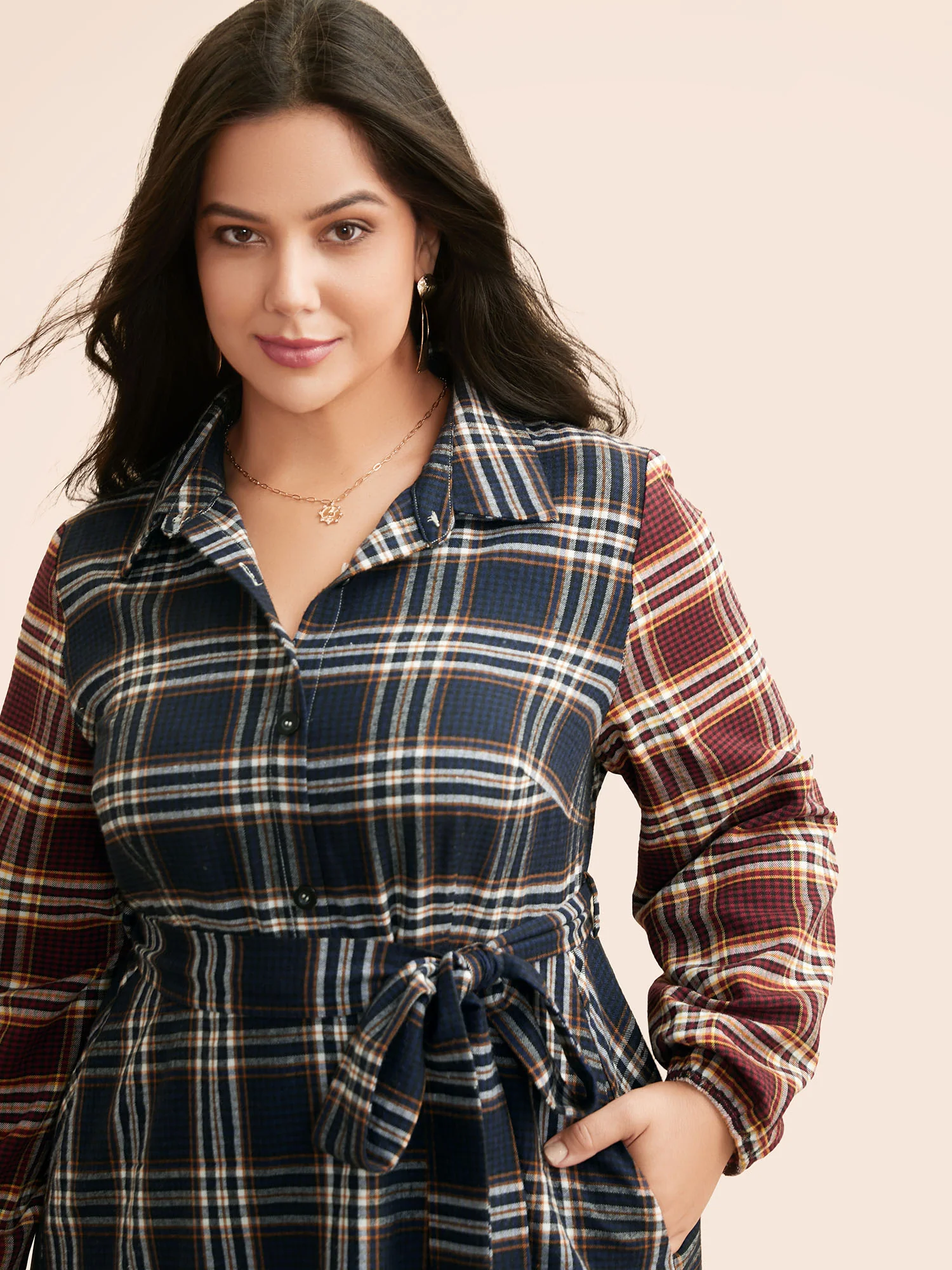 Shirt Collar Plaid Contrast Belted Dress - Image 2